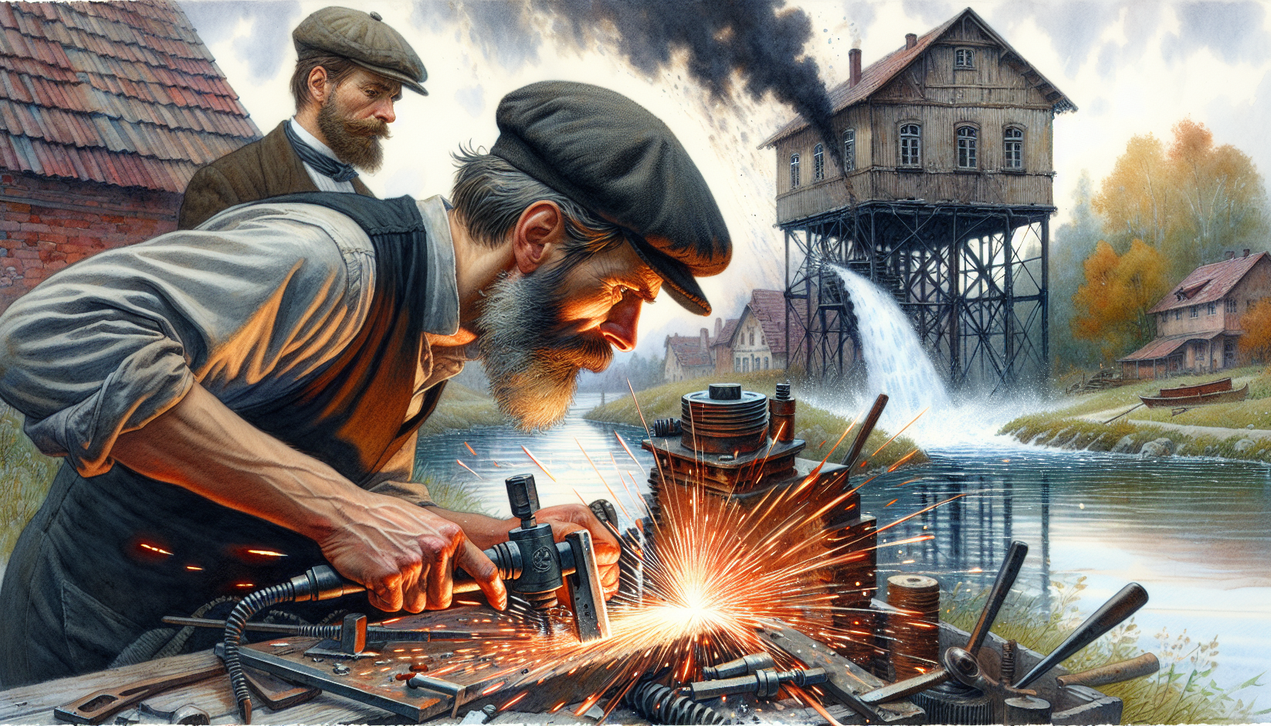 A European man cuts metal, sparks fly, and a water tower falls in the background. The river and the house