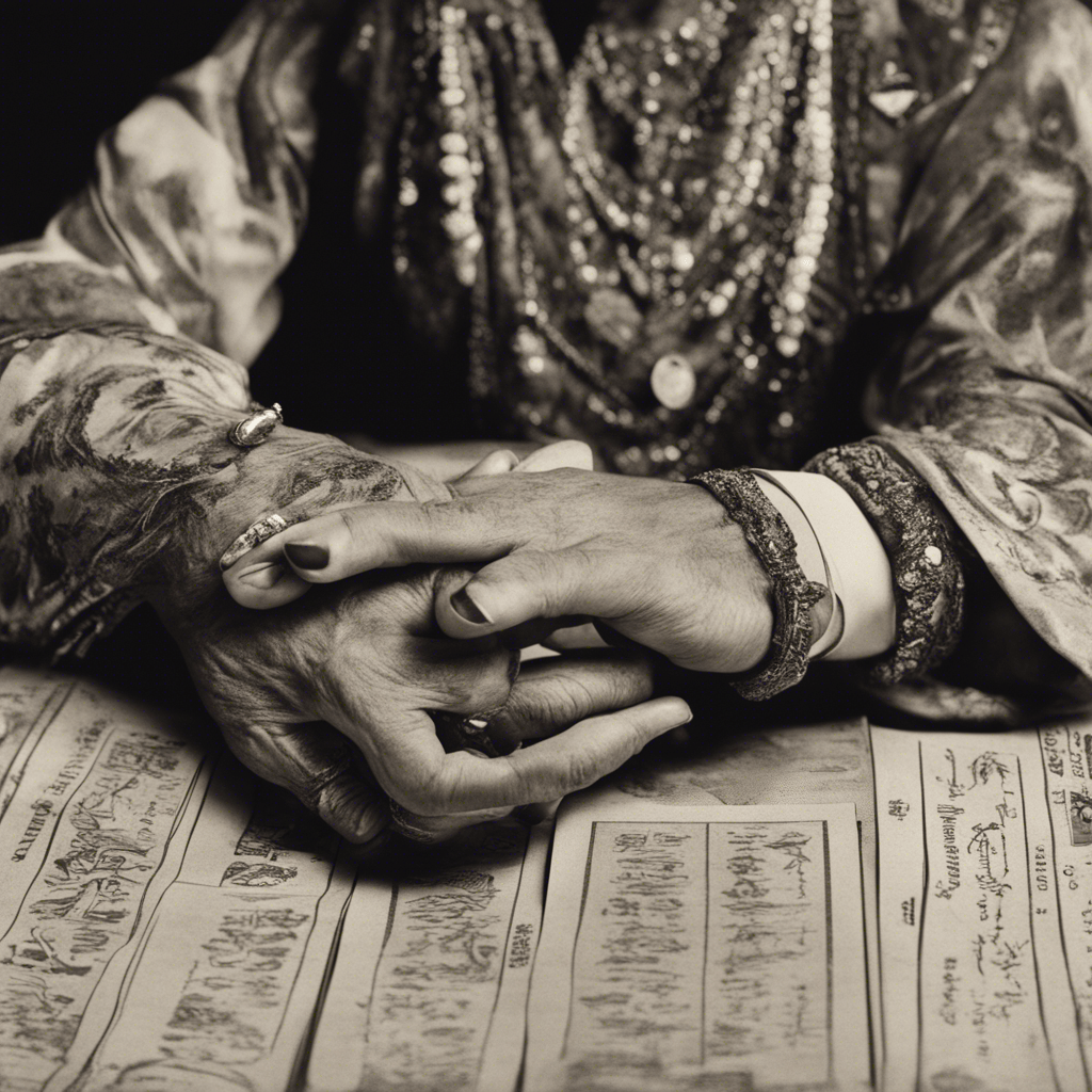 Photograph of a fortune teller holding a client's hand and reading energy.
