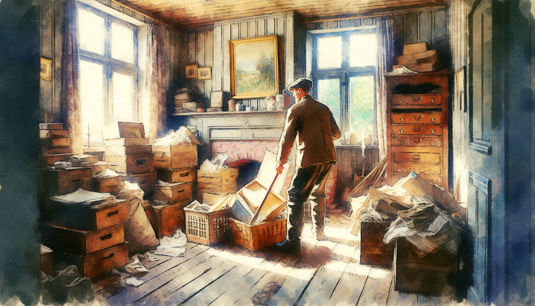 A European man takes out old and accumulated things from a room attached to the house.