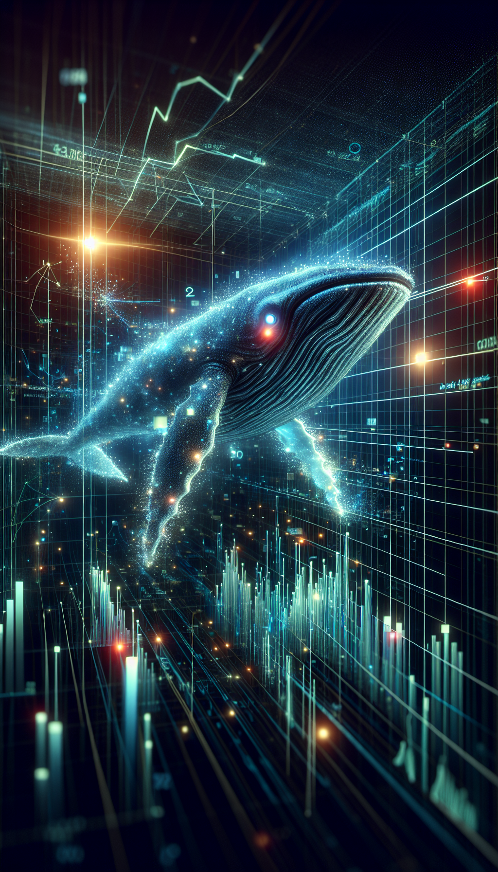 A powerful whale-shaped entity made of light and data, swimming horizontally through a financial chart. Its gaze illuminates clusters of glowing liquidity pools on the graph. Cinematic, dark with neon accents, wideshot, hyper-detailed, --ar 16:9 A powerful whale-shaped entity made of light and data, swimming horizontally through a financial chart. Its gaze illuminates clusters of glowing liquidity pools on the graph. Cinematic, dark with neon accents, wideshot, hyper-detailed, --ar 16:9
