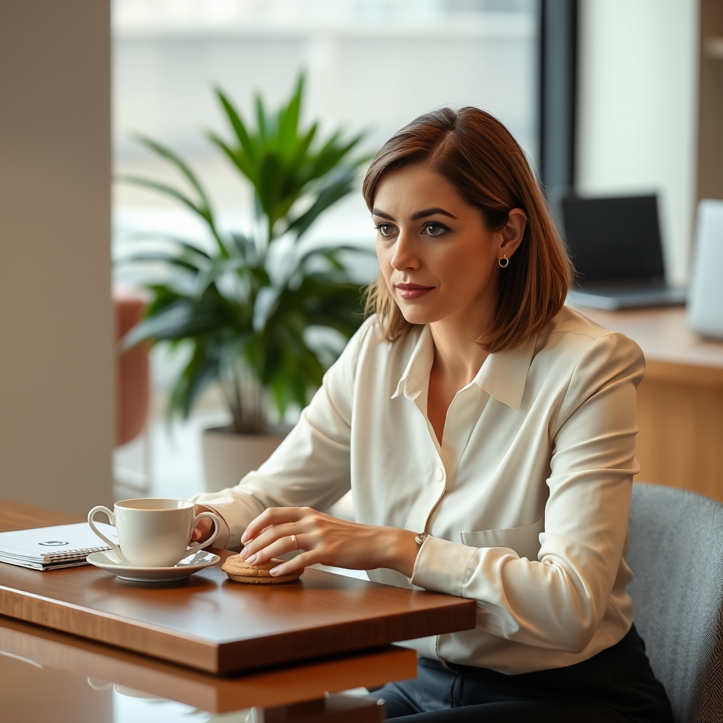 A female accountant sits at a table and drinks tea with cookies.