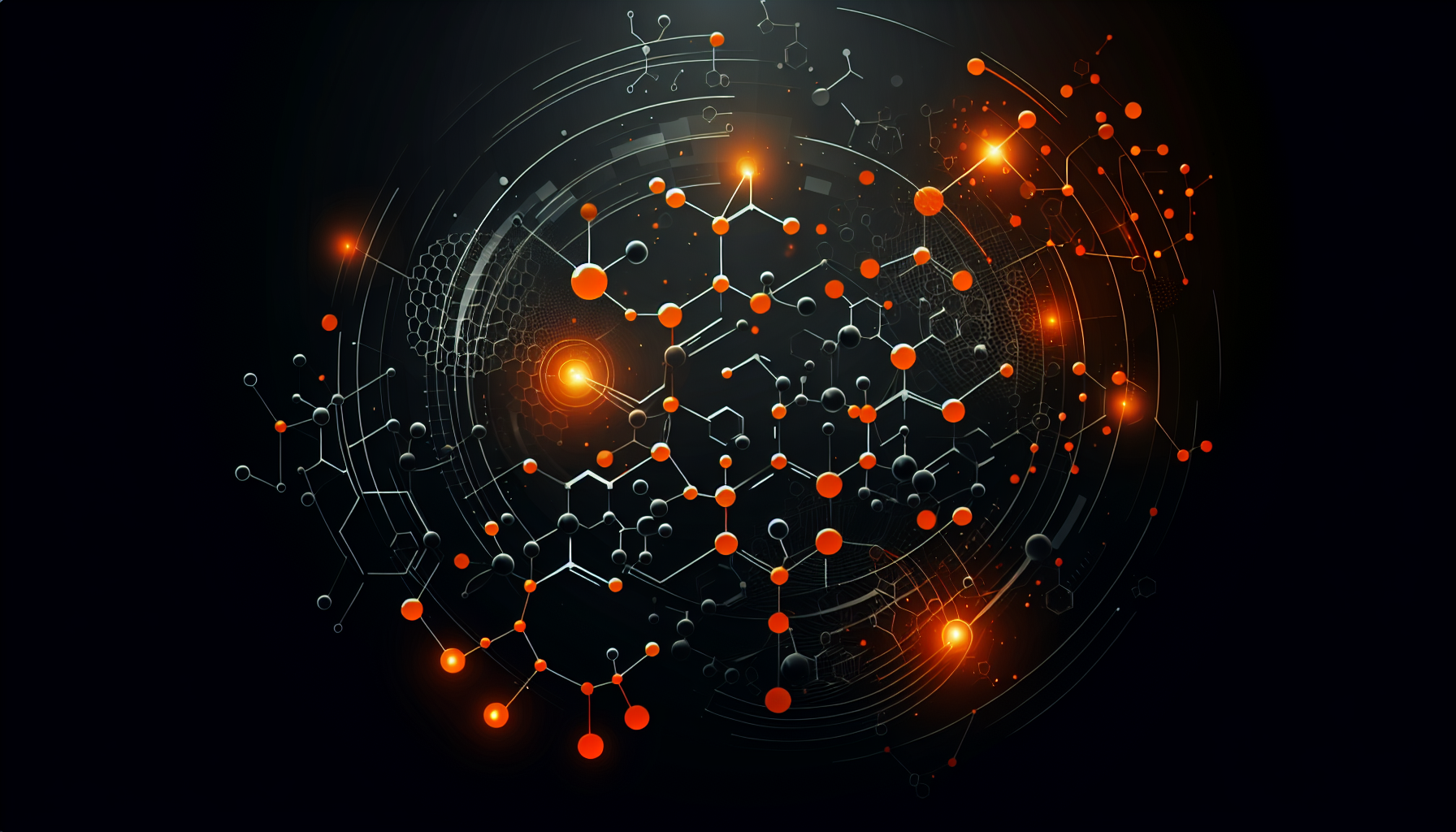 The image is displayed on a black background with orange accents. The background features a pattern of orange glowing molecular structures, giving the visual element a scientific and dynamic feel. The overall design is sleek and modern, emphasizing the clarity of the color scheme.