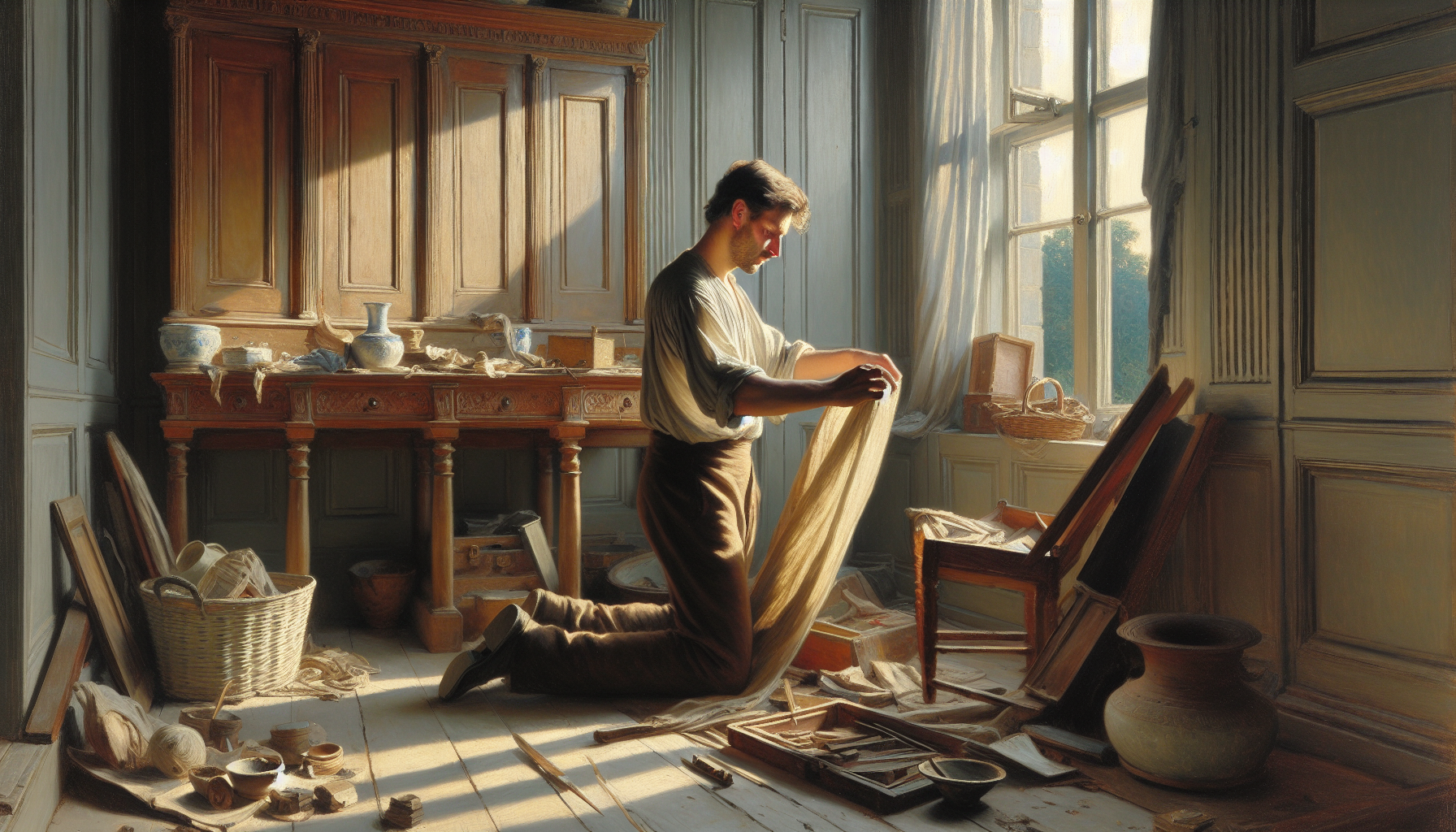 A European man takes out old and accumulated things in a small annex to the house.