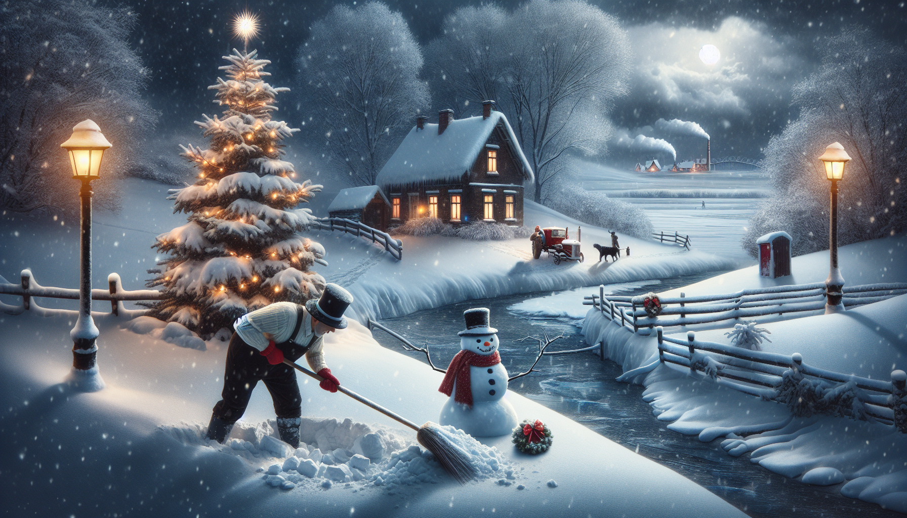 New Year's Day, the snowman cleans the snow, the Christmas tree is lit with lights. In the background is a frozen river and a house under the snow.