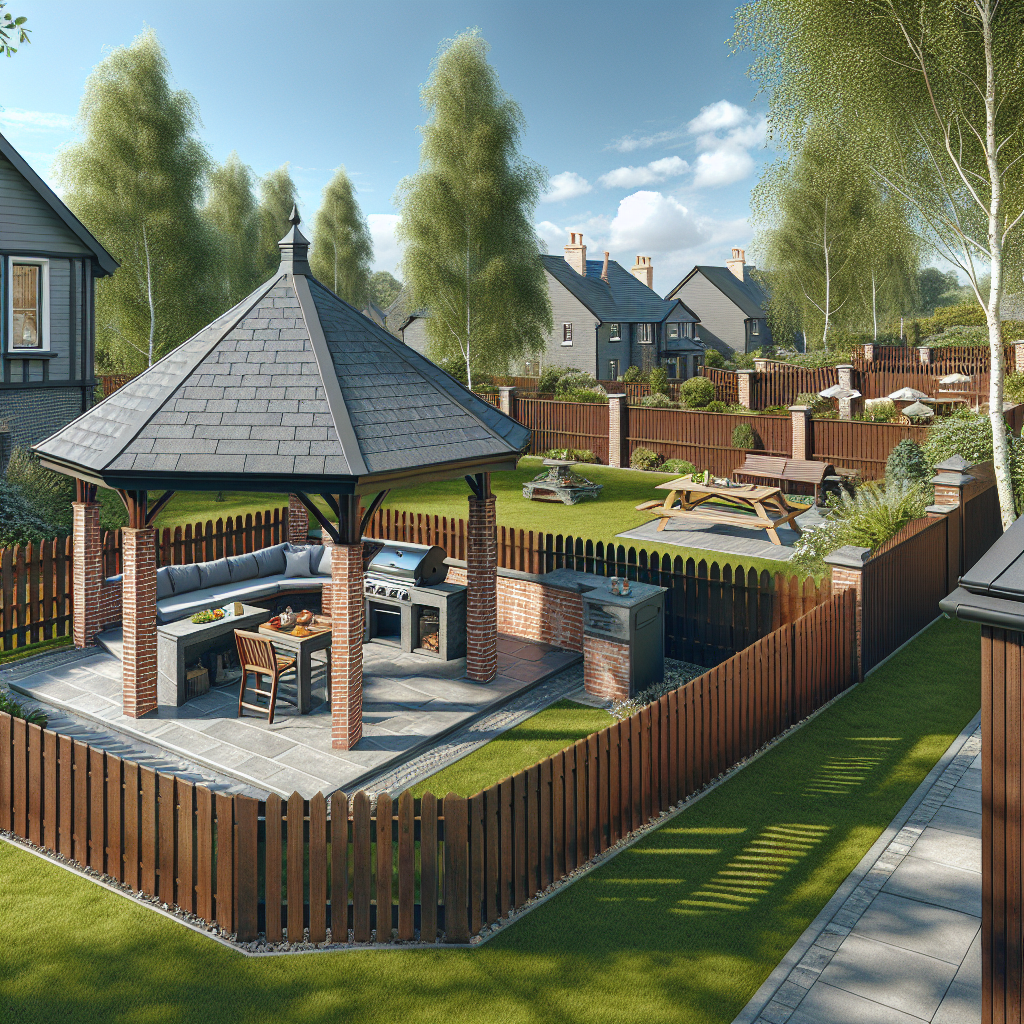 Вид камеры не меняй. Сделай фотореалистичную визуализацию, используя загруженное фото как базу. ВАЖНО: сохранить исходную камеру и перспективу 1:1 (тот же ракурс, высота и угол обзора), не менять геометрию дома справа, существующей плитки/дорожки снизу, заборов (деревянный слева и серый по центру/справа), заднего фона, проводов и столбов. Не менять форму и размеры газона. Сохранить летний солнечный день и естественные тени.
Создай совершенно новый премиальный ландшафтный дизайн с капитальной кирпичной беседкой и мангальной зоной:
Размести в глубине участка у дальнего серого забора ближе к правой стороне красивую дорогую кирпичную беседку‑павильон (примерно 3.5x5 м), из клинкерного кирпича (тёмно‑красный/бордо или баварская кладка), с аккуратными столбами, широкими проёмами и крышей фальц графит (или тёмная современная кровля). Беседка должна выглядеть как дорогая архитектура.
Внутри беседки сделай мангальный комплекс: мангал/гриль, зона под казан, столешница из камня, ниша для дров, мойка; высокая кирпичная труба/дымоход. Всё чисто, без копоти, как новая зона барбекю.
Проложи от существующей плитки у дома к беседке прямую широкую дорожку из дорогой плитки/керамогранита (крупный формат, светло‑серый или серо‑беж), с тонким ровным бордюром. Перед беседкой сделай площадку из той же плитки.
Вокруг беседки и вдоль дальнего забора добавь структурные посадки премиум уровня: ритм из туй Smaragd или можжевельников Blue Arrow, перед ними белые гортензии метельчатые, у края дорожки низкий ровный стриженный бордюр (кизильник/спирея), немного декоративных злаков. Мульча тёмная кора, всё аккуратно и симметрично.
Добавь низкие садовые светильники‑болларды вдоль дорожки и пару бра на беседке (днём выключены).
Стиль: luxury backyard, premium brick gazebo, clean lines, high-end materials, без лишних объектов. Никаких людей, животных, текста, бассейнов, теплиц и новых зданий кроме беседки.
NEGATIVE:
изменение ракурса, другой объектив, наклон камеры, искажение перспективы, изменение дома/заборов/существующей плитки, дешёвые материалы, деревянная беседка, пластиковые элементы, хаос в посадках, вечер/ночь, дождь, туман, мультяшность, размытие, люди, животные, надписи