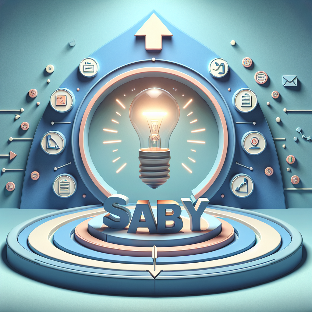 на переднем фоне слово SABY, за ним лампочка она включена и горит белым цветом, лампочка подсвечена. по кругу значки "документы", "касса","crm", "телефон", "блокнот", "человек", "i", "инструмент". На заднем фоне стрелка вверх. Фон голубой, окружность фона бледно-серый ободок
