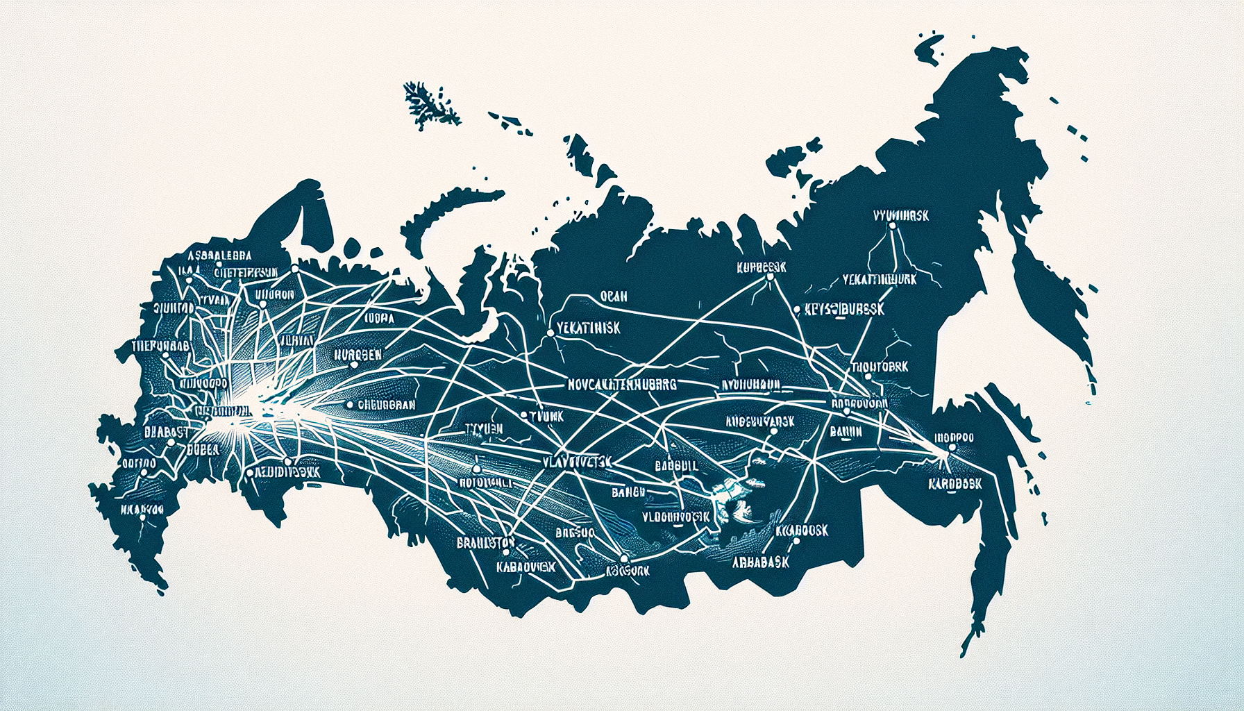 Возьми карту России в бело-синей цветовой гамме отметь на ней города Оренбург, Магнитогорск, Курган, Екатеринбург, Челябинск, Тюмень, Сургут, Омск, Новосибирск, Кемерово, Барнаул, Новокузнецк, Красноярск, Владивосток, Иркутск, Хабаровск, Абакан. Из точки соответствующей Магнитогорску проведи светло-синюю линию к остальным перечисленным городам