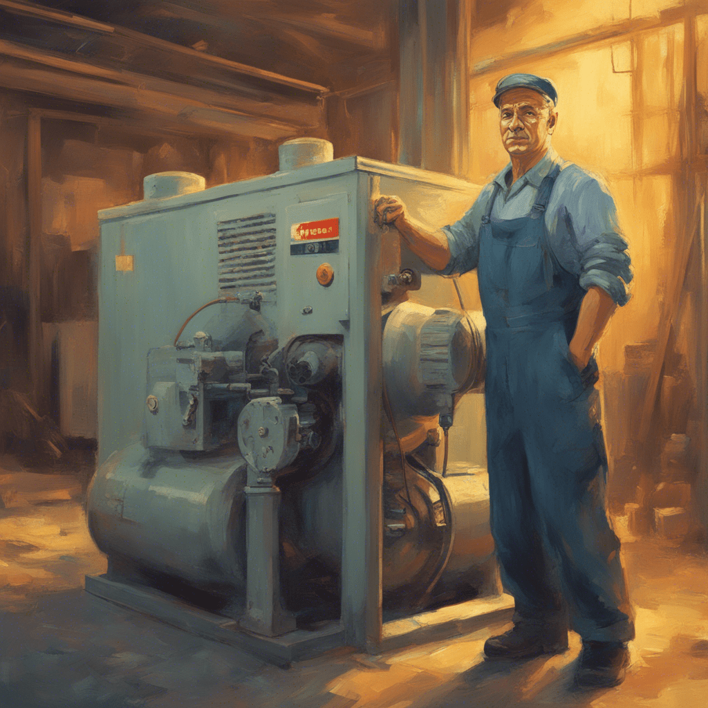 A Soviet worker stands next to a screw compressor