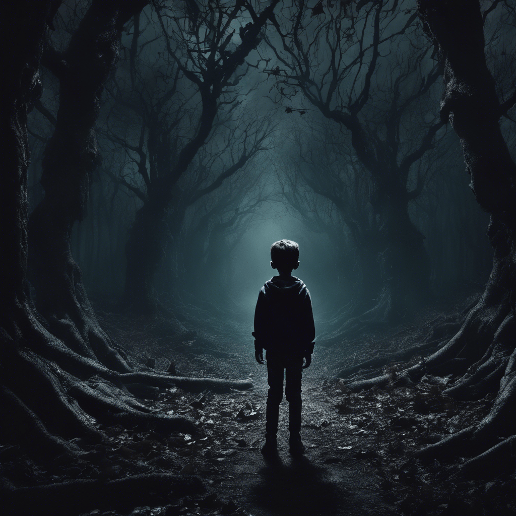 A boy in a dark night forest filled with horror