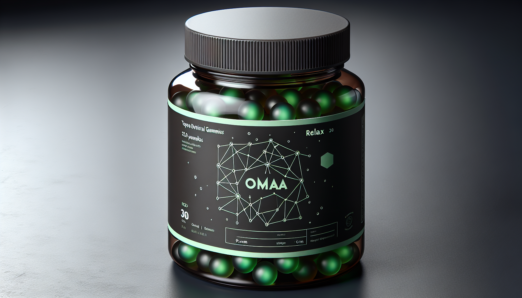 Product photography of a dietary supplement jar with a wrap-around label. The jar is a 
cylindrical container made of transparent dark brown plastic, 9cm in height and 6cm in 
diameter. It has a matte black plastic screw-on lid. The jar is filled with soft salad-green gummy 
hemispheres. A rectangular opaque wrap label, 5cm in height, covers the middle section of the 
jar.
LABEL DESIGN: The label has a pure matte black background. The central visual is a glowing, 
intricate neural network or constellation diagram. The lines are thin, electric, and luminous, 
using a gradient from electric lime green to soft cyan. The connection nodes glow like bright 
stars.TYPOGRAPHY ON LABEL (CRITICAL FOR READABILITY):
1. TOP: Brand name "OMOA" in a thin, modern, geometric sans-serif font. Color: pale silver.
2. CENTER (DOMINANT): The word "RELAX" in a large, bold, heavyweight sans-serif font (e.g., 
Montserrat Black). Color: bright, saturated sage green.
3. KEY LINE: Directly below "RELAX", the text **"TERPENE GUMMIES | 30"** in a clean, tech-
inspired, mono-spaced font (like "Courier New Bold"). Color: PURE WHITE for maximum 
contrast.
4. BOTTOM: Very small text in light grey: "Apple Botanical Terpenes".
COMPOSITION: The glowing neural network flows behind the text. The jar is placed on a dark 
surface, with soft studio lighting that highlights the transparency of the brown plastic and the 
gloss of the gummies inside. The label must look seamlessly applied to the curved surface.
Style: Futuristic, scientific, luxurious. Photorealistic render.