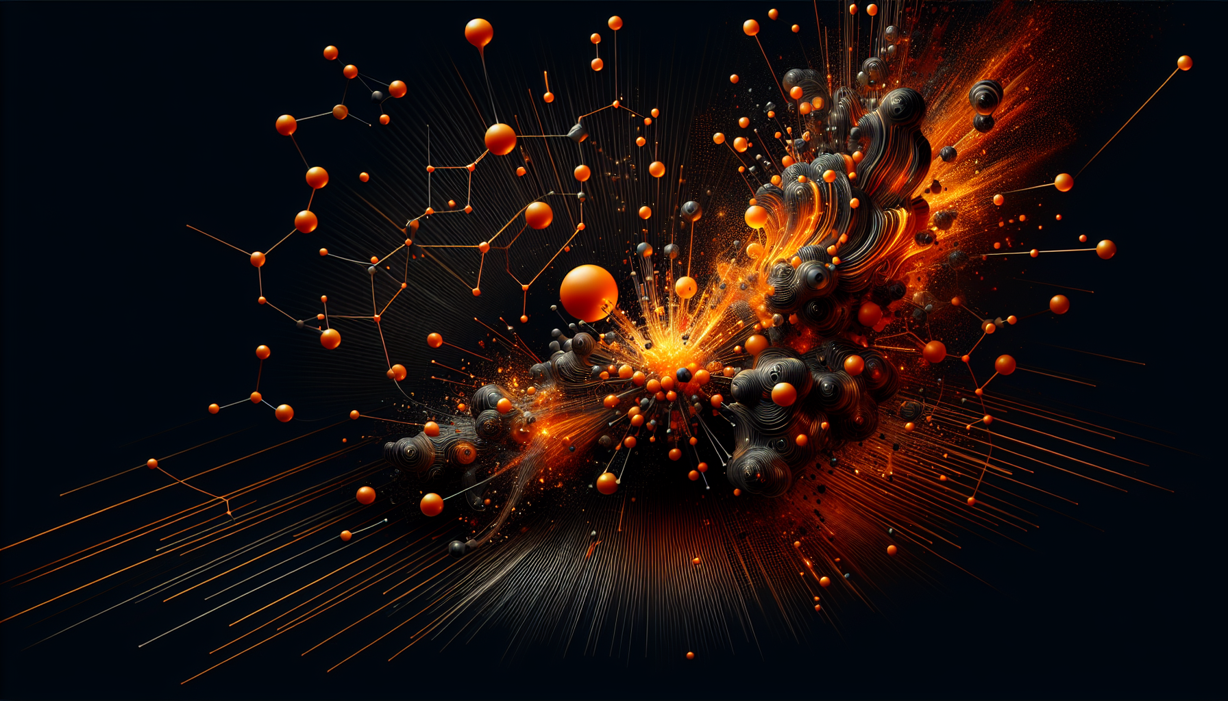 The image features a black background with orange accents and splashes on the left and right. The background features a pattern of orange, glowing molecular structures, adding a scientific and dynamic visual element. The overall design is sleek and modern, emphasizing the clarity of the color scheme.