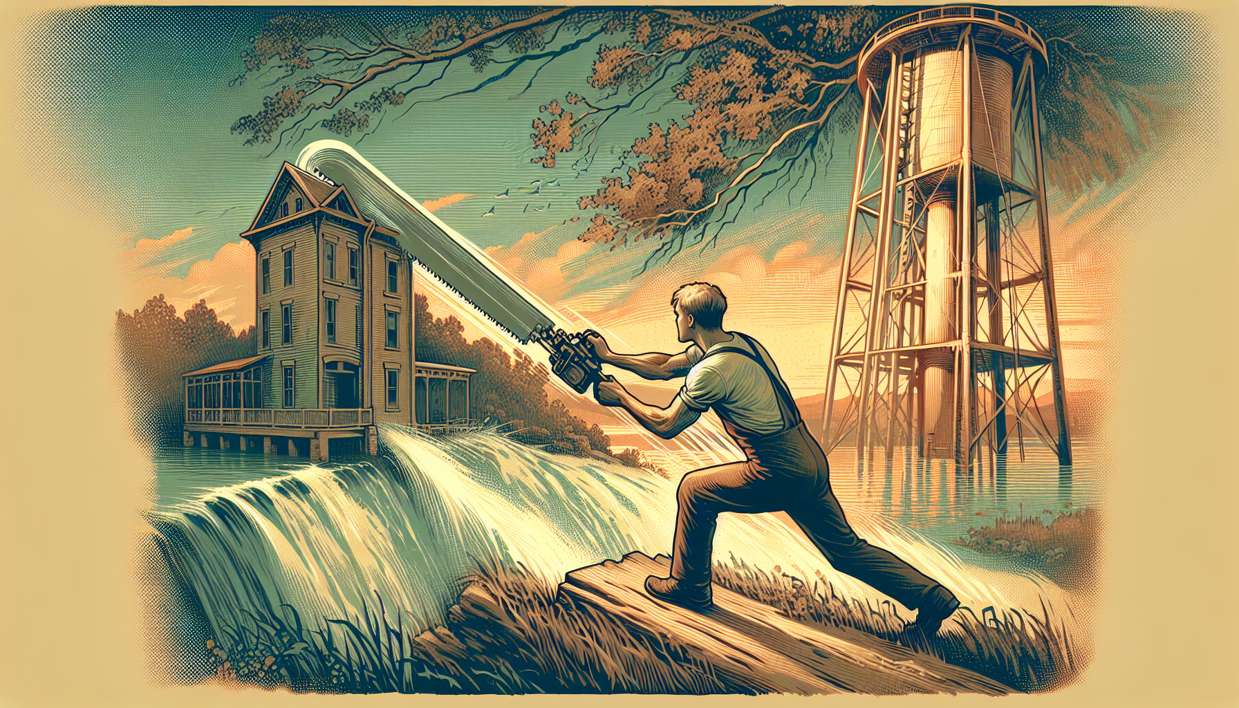 The man cuts the water tower, it starts falling. In the background is a house, a river