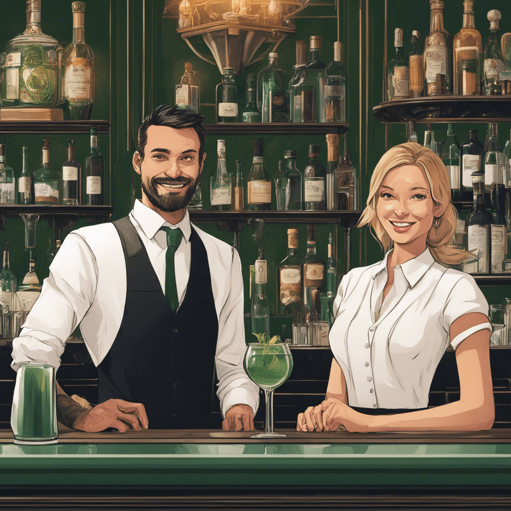 **Photo of the bartender and the administrator of a luxury restaurant**

The bartender and the receptionist are standing next to each other, smiling at the camera, in a luxurious restaurant. The bartender is wearing a white shirt with a thin dark green stripe, which gives him an elegant and professional look. He stands behind the bar, where various drinks and cocktails are located.

The receptionist is dressed in a classic suit and a white shirt, which gives him a strict and professional look. He stands next to the bar, with his hands in his pocket, which gives him a relaxed and friendly look.

The receptionist has long, dark brown hair pulled back in a neat ponytail and bright green eyes that sparkle with a smile. The bartender guy has short, dark brown hair and blue eyes that look straight into the camera.

The background of the photo is a luxurious restaurant with white tables, silver appliances and crystal glasses. Bright colors and elegant furnishings create an atmosphere 