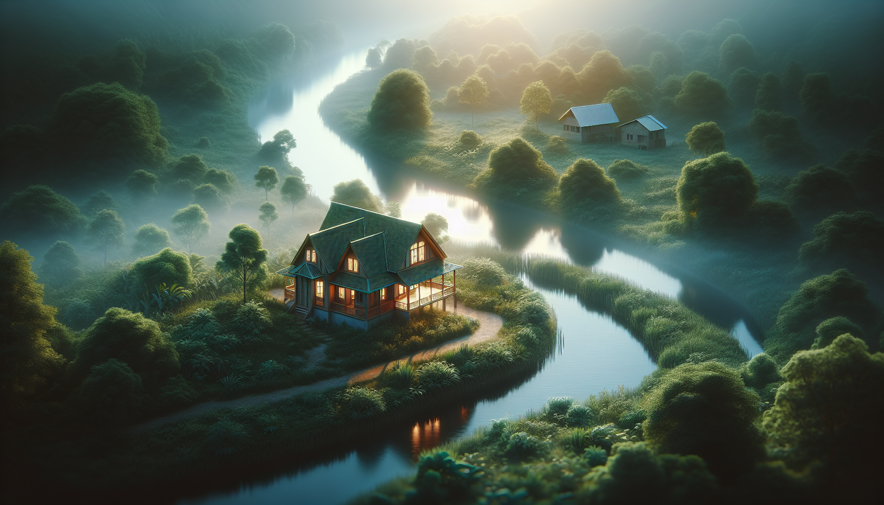 House by the river in the early morning