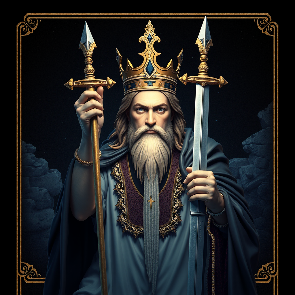 tarot. king of swords. the man is a tough, powerful, authoritative, cold-blooded and categorical leader who acts in accordance with the law and moral standards. Reliable, unwavering and inspires boundless trust. He has a subtle sense of humor and a sharp tongue symbolizes a partner who acts rationally and consciously. This is a person who strives for honesty and clarity in relationships, preferring direct communication and solving problems based on logic. style of 2000