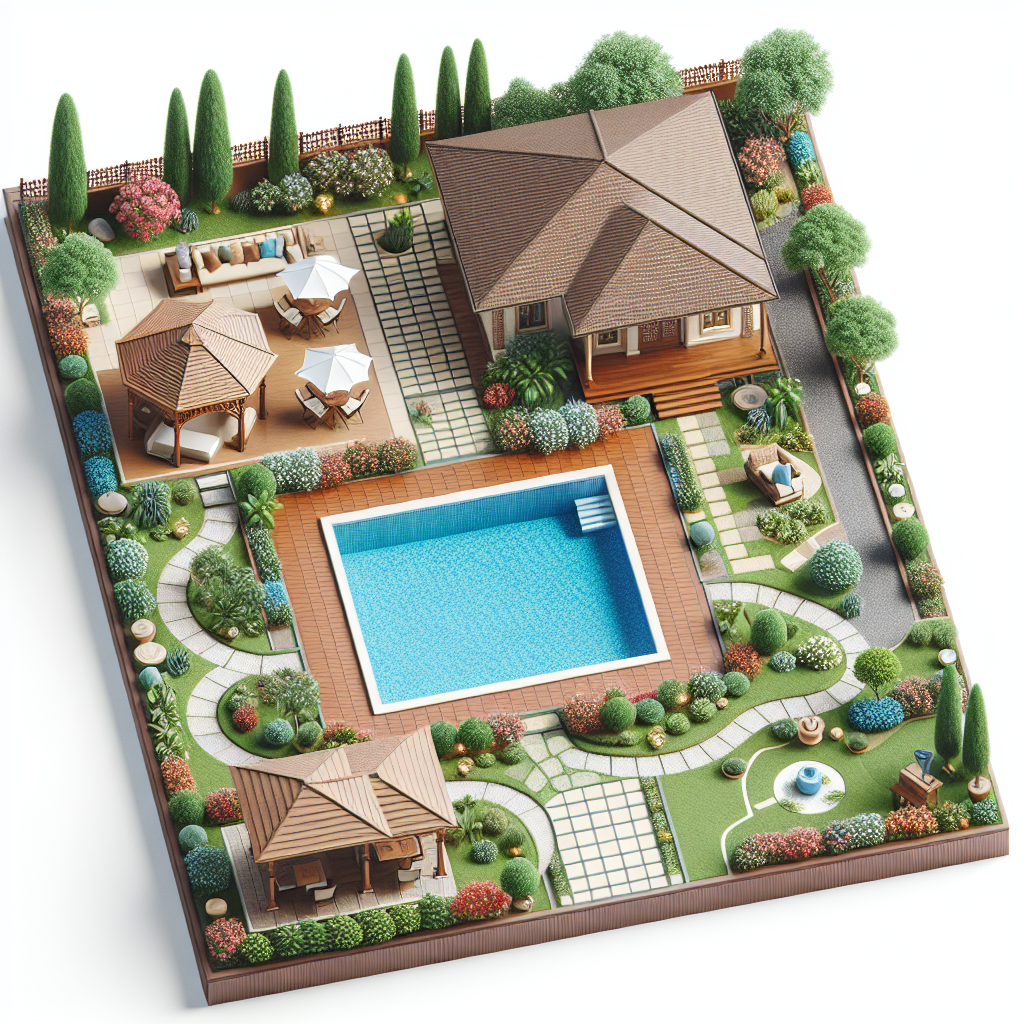 Ландшафтный дизайн прямоугольного участка 9 соток. 
На участке есть дом, беседка, мангальная зона, бассейн, навес для машины. Красивые растения и дорожки