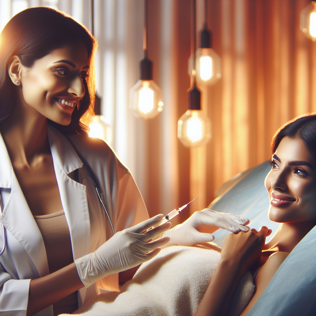 Косметологические кабинет , шприц в руках девушки -врача , на кушетке красивая девушка лежит и смотрит на врача и улыбается