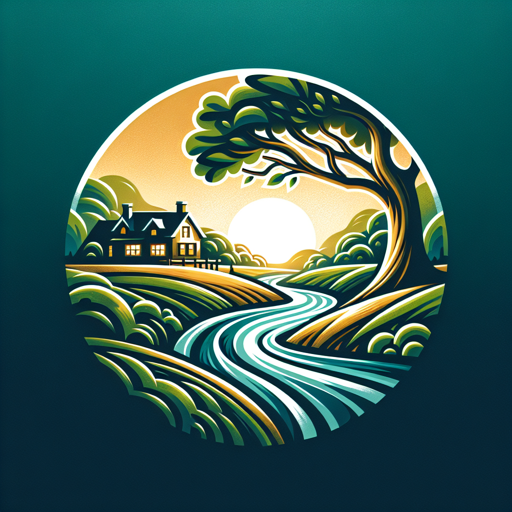 The logo, the background is round. The logo features a river, a house, and an oak tree. In shades of green.