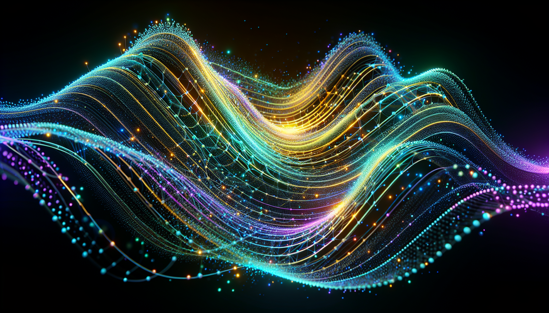 Image features a digital artwork with a futuristic and abstract style. The layout is horizontal, centered on a black background. The subject is a vibrant, multicolored wave of light, resembling an energy flow or electric current. The wave starts with a bright yellow-green hue in the center, gradually transitioning to blue and purple towards the edges. It is composed of interconnected lines and dots, creating a network-like pattern. The light appears to be glowing, with small particles and sparks surrounding it, adding a dynamic and energetic feel. The overall composition is symmetrical, with the wave extending from one side to the other, creating a sense of movement and fluidity. There are no people, text, or logos present in the image.