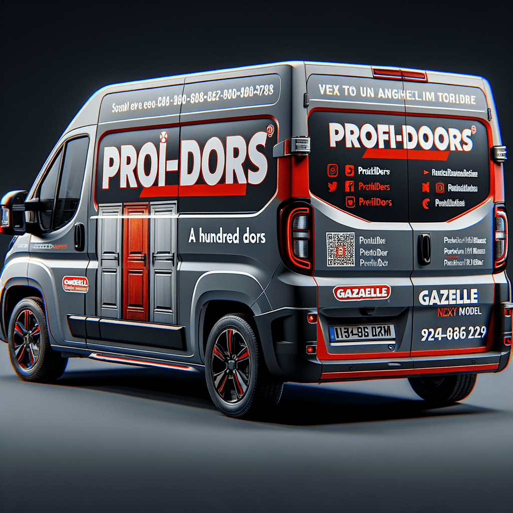 рендирование фургона серого цвета Газель Next для фирмы "Профи-Doors" в красно-белых тонах, Основные элементы дизайна: Основной фон — серый. Акценты — красные детали и логотип. Разместить крупный логотип "Профи-Doors" на задней двери. Логотип выполнен в красных и белых цветах, с четким шрифтом, легко читаемым на расстоянии. На боковых панелях разместить изображение 4 межкомнатных дверей и надпись более ста дверей , на задней двери разместить номер телефона, сайт и социальные сети. "Профи-Doors" — Продажа и монтаж дверей Сайт: http://www.profi-doors.ru Дополнительные элементы: добавить QR-код, ведущий на сайт или каталог продукции. рендирование фургона серого цвета Газель Next для фирмы "Профи-Doors" в красно-белых тонах, Основные элементы дизайна: Основной фон — серый. Акценты — красные детали и логотип. Разместить крупный логотип "Профи-Doors" на задней двери. Логотип выполнен в красных и белых цветах, с четким шрифтом, легко читаемым на расстоянии. На боковых панелях разместить изображение 4 межкомнатных дверей и надпись более ста дверей , на задней двери разместить номер телефона, сайт и социальные сети. "Профи-Doors" — Продажа и монтаж дверей Сайт: http://www.profi-doors.ru Дополнительные элементы: добавить QR-код, ведущий на сайт или каталог продукции.