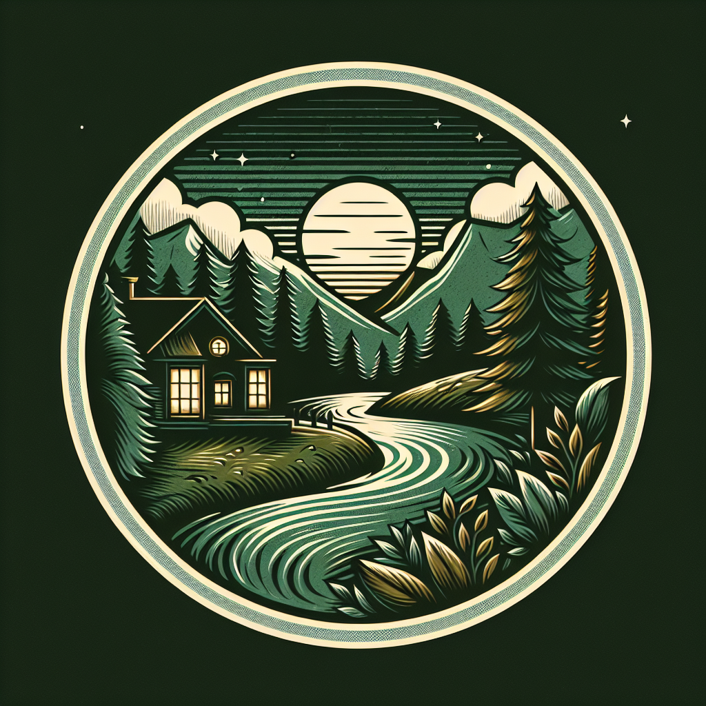 The logo, the background is round. The logo shows a river and a house. In shades of green.