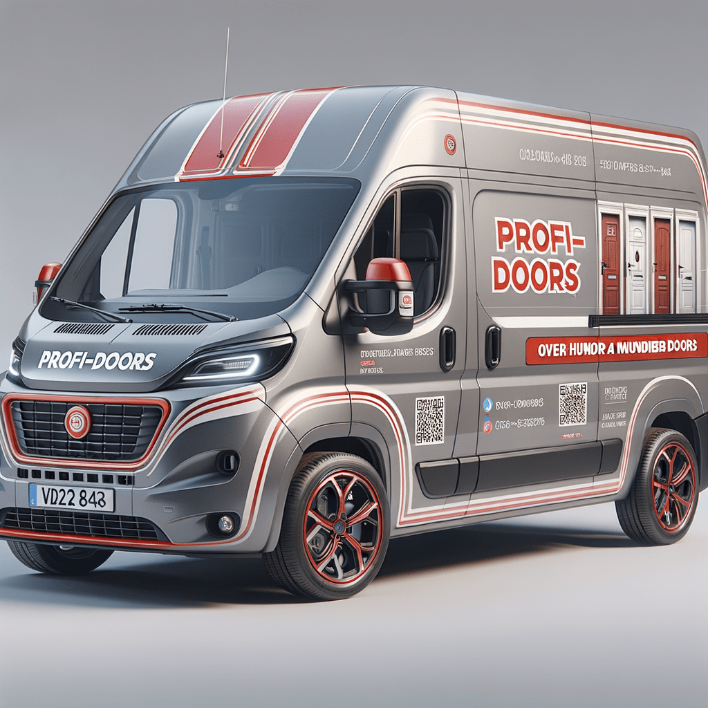 рендирование фургона серого цвета Газель Next для фирмы "Профи-Doors" в красно-белых тонах, Основные элементы дизайна: Основной фон — серый. Акценты — красные детали и логотип. Разместить крупный логотип "Профи-Doors" на задней двери. Логотип выполнен в красных и белых цветах, с четким шрифтом, легко читаемым на расстоянии. На боковых панелях разместить изображение 4 межкомнатных дверей и надпись более ста дверей , на задней двери разместить номер телефона, сайт и социальные сети. "Профи-Doors" — Продажа и монтаж дверей Сайт: http://www.profi-doors.ru Дополнительные элементы: добавить QR-код, ведущий на сайт или каталог продукции. рендирование фургона серого цвета Газель Next для фирмы "Профи-Doors" в красно-белых тонах, Основные элементы дизайна: Основной фон — серый. Акценты — красные детали и логотип. Разместить крупный логотип "Профи-Doors" на задней двери. Логотип выполнен в красных и белых цветах, с четким шрифтом, легко читаемым на расстоянии. На боковых панелях разместить изображение 4 межкомнатных дверей и надпись более ста дверей , на задней двери разместить номер телефона, сайт и социальные сети. "Профи-Doors" — Продажа и монтаж дверей Сайт: http://www.profi-doors.ru Дополнительные элементы: добавить QR-код, ведущий на сайт или каталог продукции.