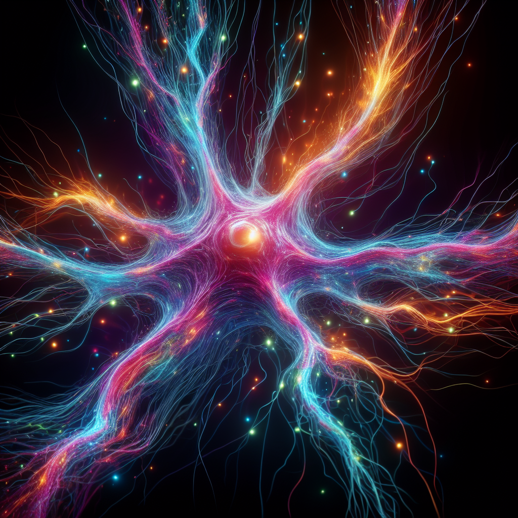 Яркая, пульсирующая волна-нейрон на чёрном фоне