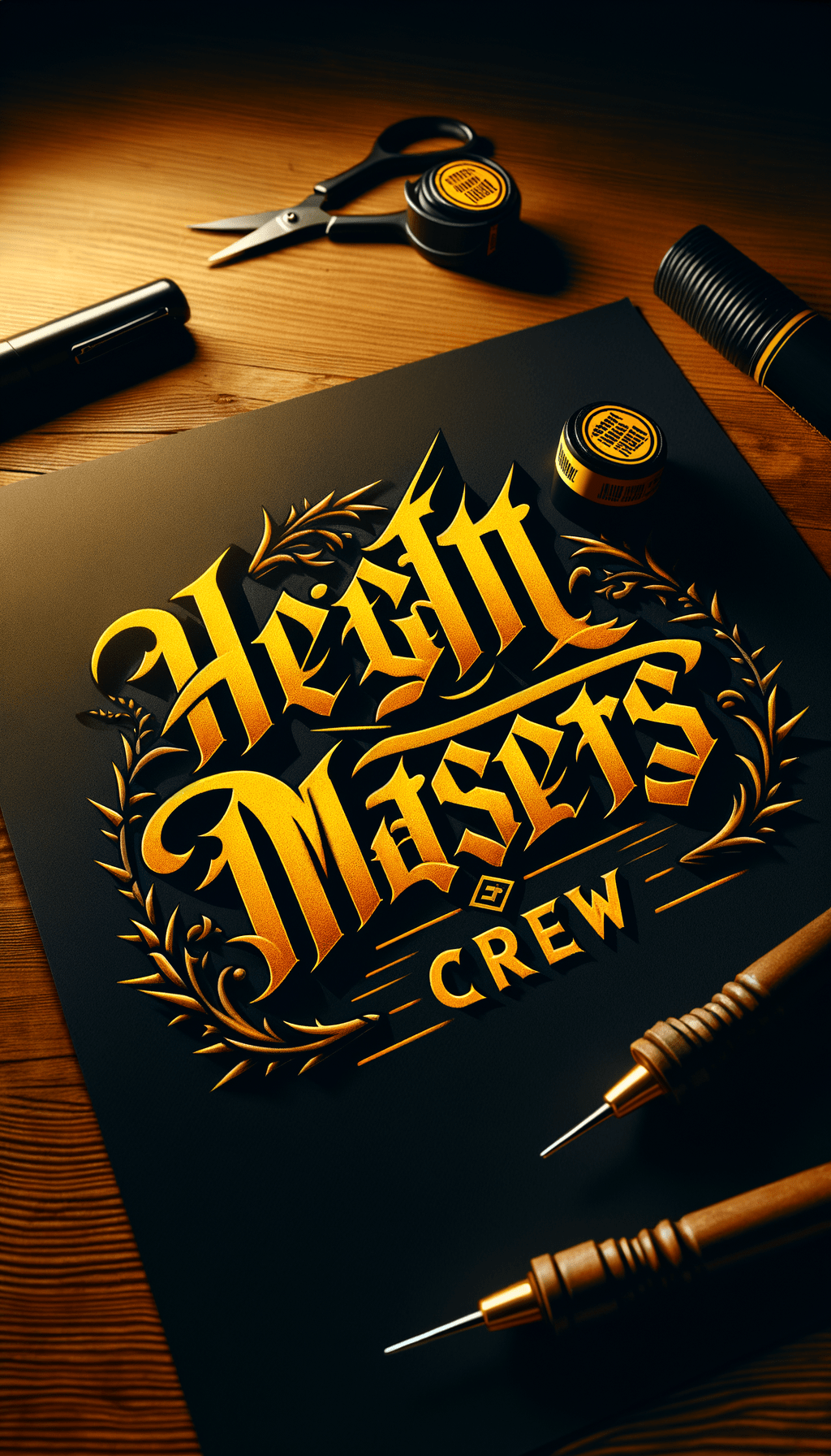создай лого - Height Masters должно быть в одну линию а под ними Crew , буквы должны быть жёлтыми на чёрном фоне в стиле готической каллиграфии, вокруг должны быть колючки создай лого - Height Masters должно быть в одну линию а под ними Crew , буквы должны быть жёлтыми на чёрном фоне в стиле готической каллиграфии, вокруг должны быть колючки