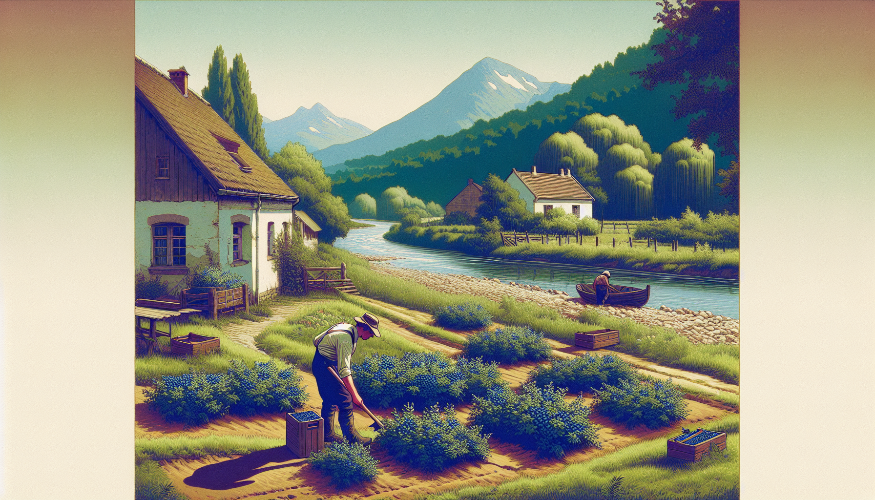 A sunny day. One man plants blueberries and cleans the area in front of the house. There is a river in the background.