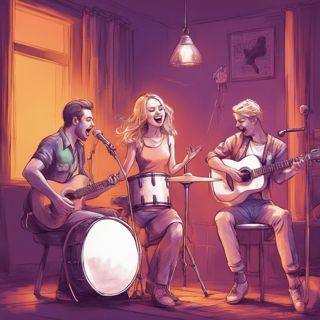 A beautiful blonde girl plays the drum, a man plays the guitar. A woman sings into a microphone and plays the piano