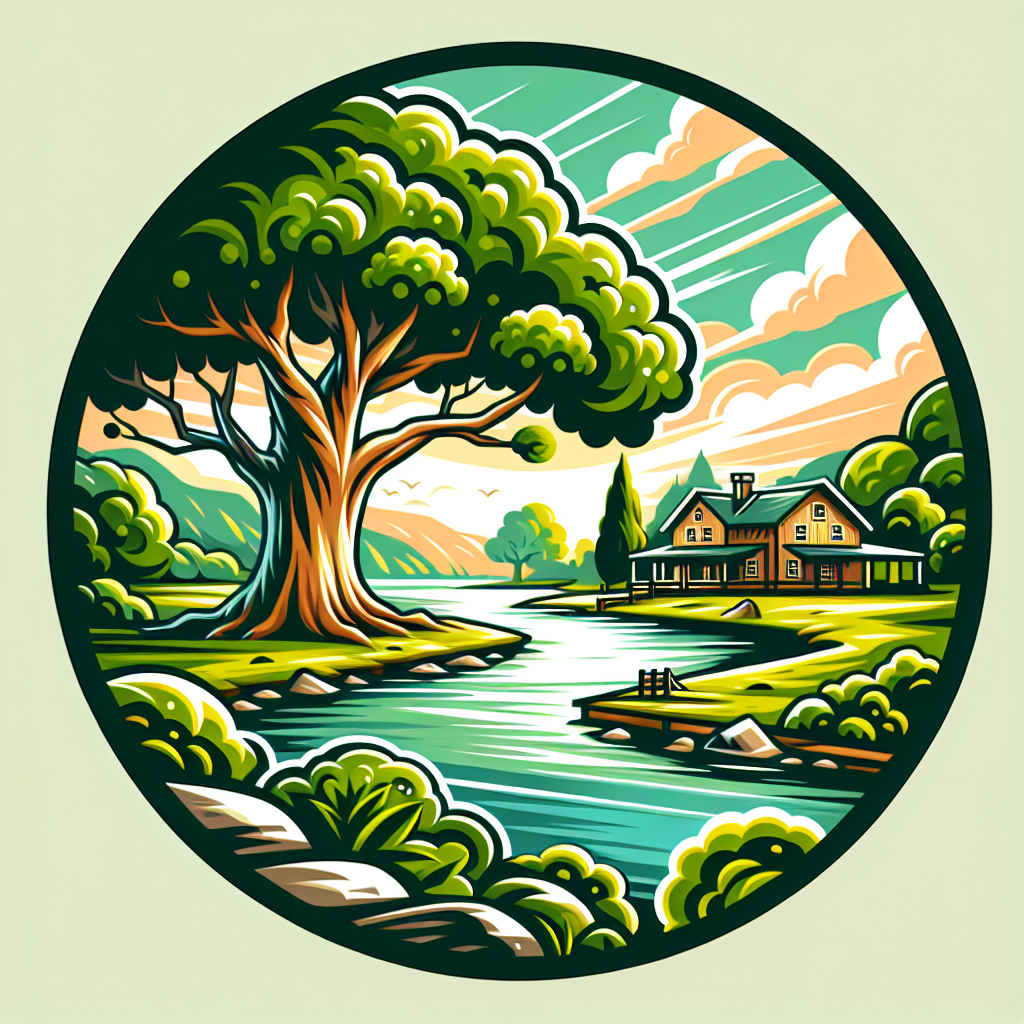 The logo, the background is round. The logo features a river, a house, and an oak tree. In shades of green.