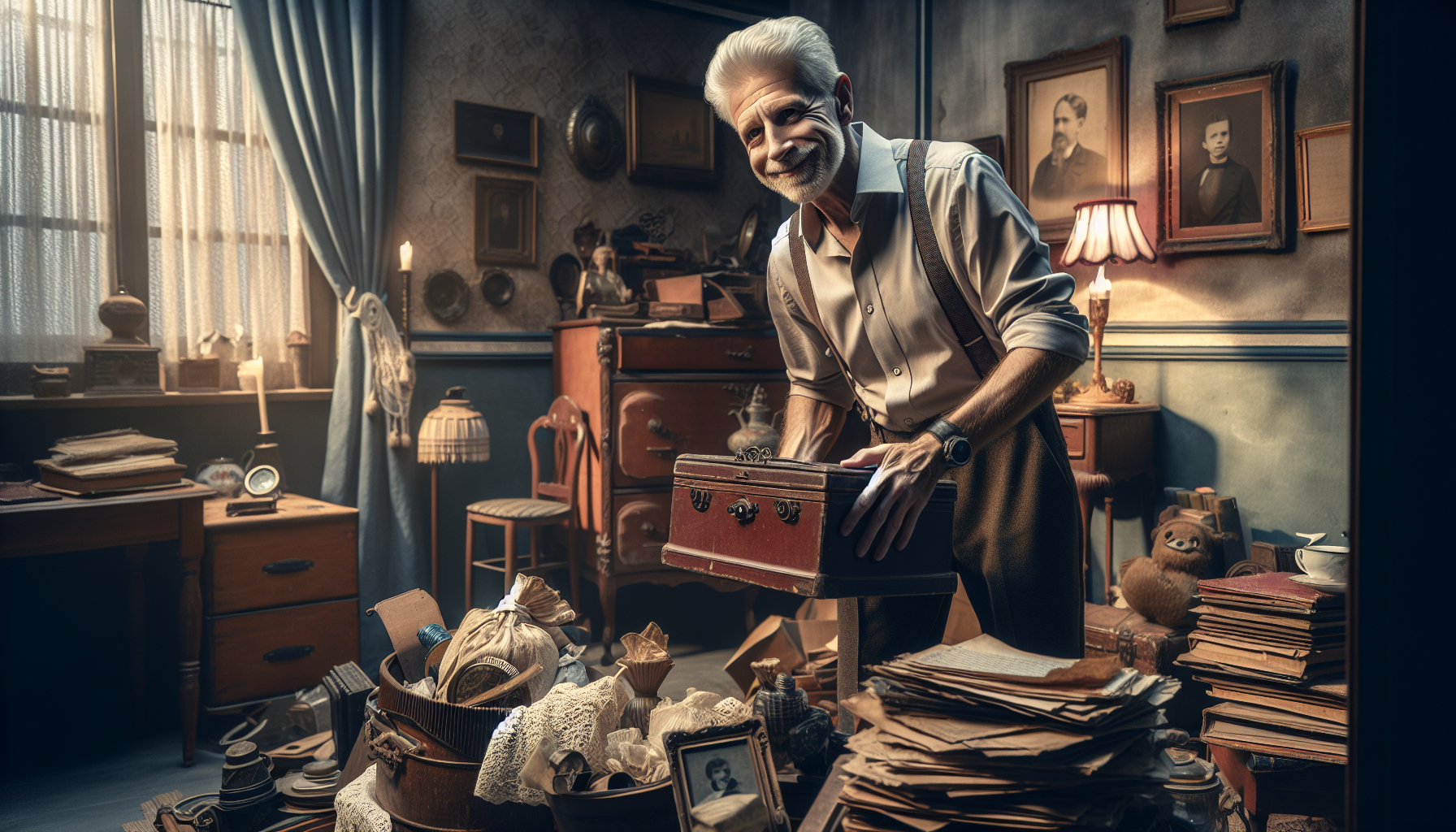 A European man takes out old and accumulated things from a room attached to the house.