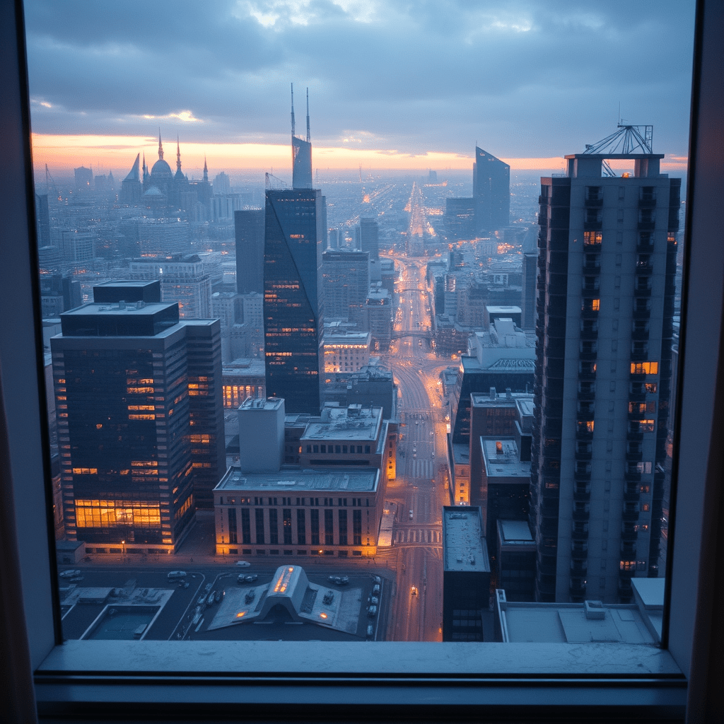 1 photo view of the city of the future Moscow in 100 years from the window of a modern apartment. 2 photos of what is in the window ,the same bird's-eye view 3 new technological machines nearby