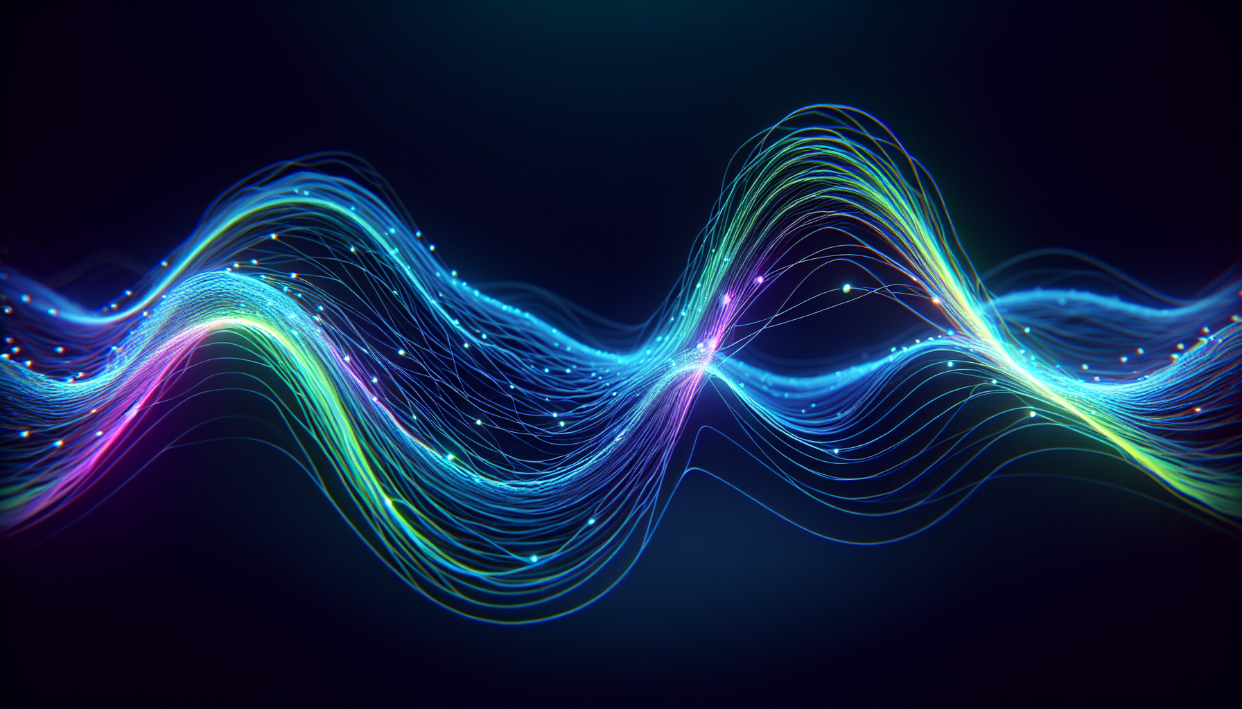 The label background is solid matte black. The main graphic design is a single, powerful,
smooth wave pulsating horizontally. This wave consists of a chain of connected luminous dots
and thin lines (like nerve pathways). It glows with an intense gradient: bright lime green in the upper part
of the peak, turning into blue and dark purple.
Style: Energetic, Digital, Elegant, photorealistic.