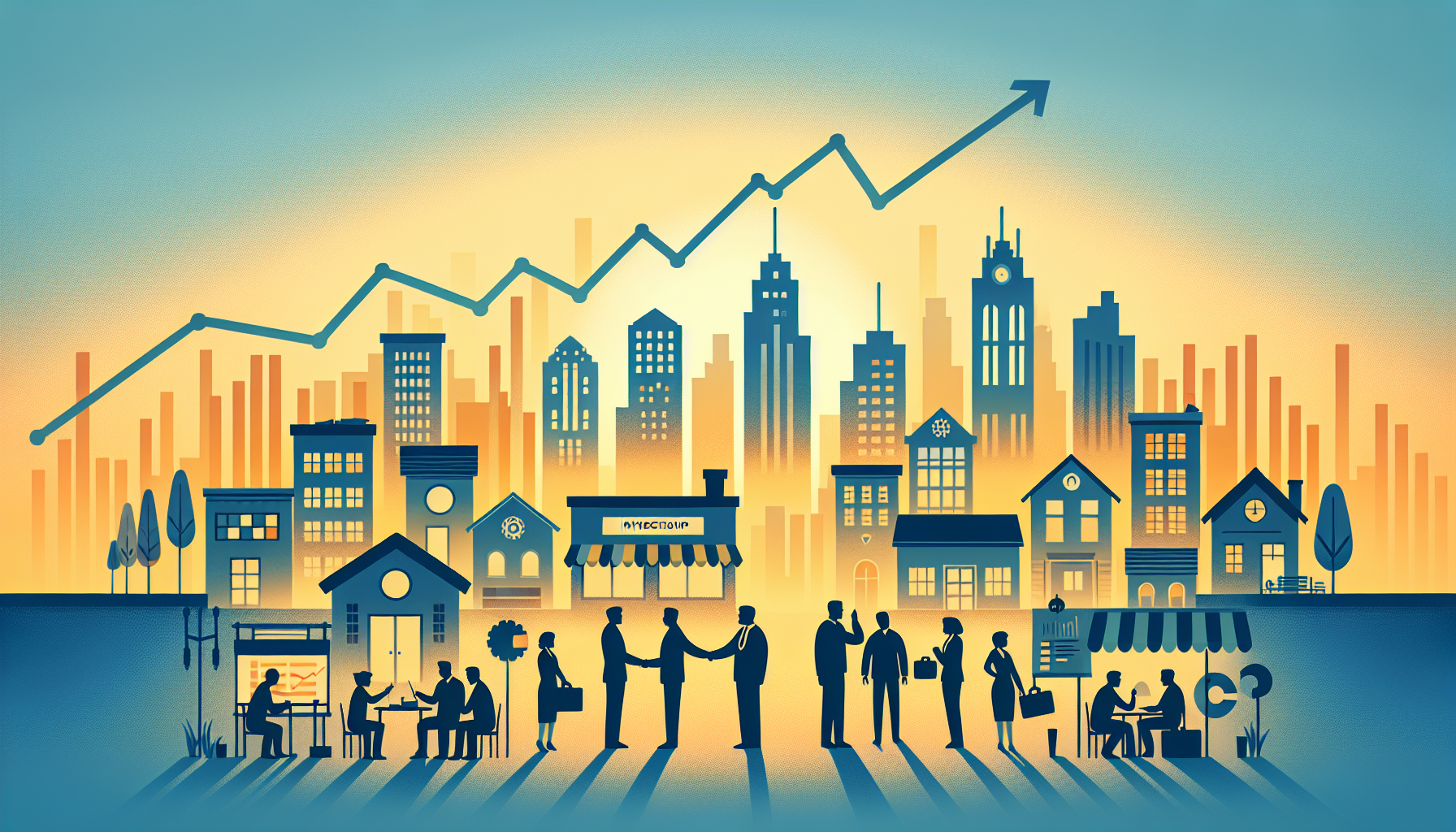 Горизонтальный фон для обложки ВКонтакте и сайта про инвестиции в малый и средний бизнес. Внизу по ширине — упрощённый силуэт города: несколько характерных зданий малого и среднего бизнеса (офис, магазин, кафе, небольшая фабрика), без мелких деталей, в мягких голубых и оранжевых оттенках. Перед зданиями — 4–6 условных деловых людей, немного меньшего размера, чем на обычных иллюстрациях: предприниматели и инвесторы, жмут друг другу руки, обсуждают проект у доски с графиком, лица прорисованы схематично. Над городом, чуть выше середины изображения, проходит одна плавная линия графика роста, идущая снизу слева вверх вправо, более толстая и мягкая, с лёгким тёплым свечением, напоминающая стрелку роста. Фон — плавный градиент от жёлто‑оранжевого внизу к голубому и синему вверху, без лишних деталей. Верхняя половина изображения остаётся чистой и однородной по тону, без объектов в центре. Стиль — современная плоская иллюстрация, дружелюбная, без фотореализма.