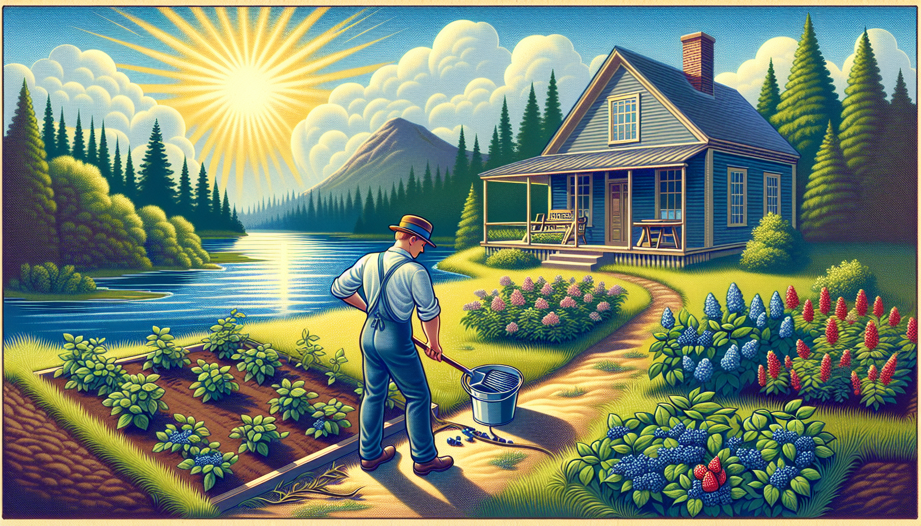 A sunny day. One man plants blueberries and cleans the area in front of the house. There is a river in the background.
