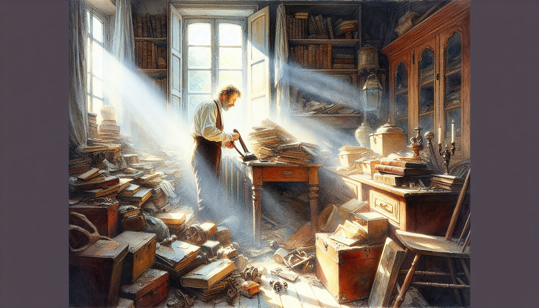 A European man takes out old and accumulated things from a room attached to the house.