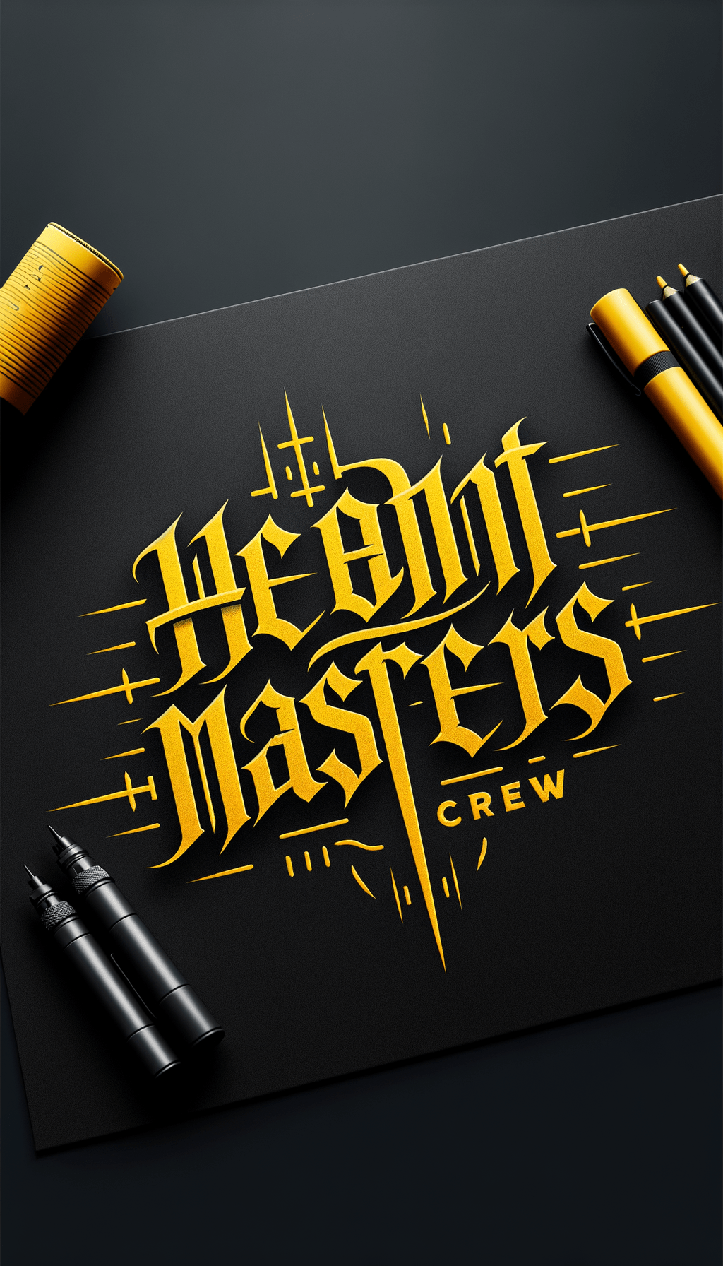 создай лого - Height Masters должно быть в одну линию а под ними Crew , буквы должны быть жёлтыми на чёрном фоне в стиле готической каллиграфии, вокруг должны быть колючки создай лого - Height Masters должно быть в одну линию а под ними Crew , буквы должны быть жёлтыми на чёрном фоне в стиле готической каллиграфии, вокруг должны быть колючки