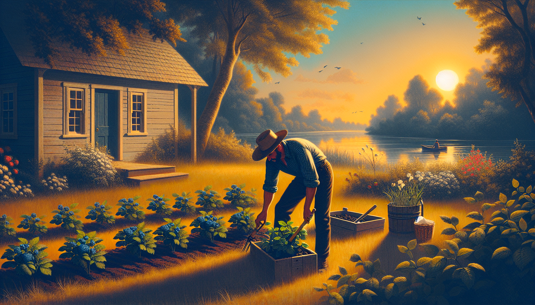 A sunny day. One man plants blueberries and strawberries and cleans the area in front of the house. There is a river in the background.