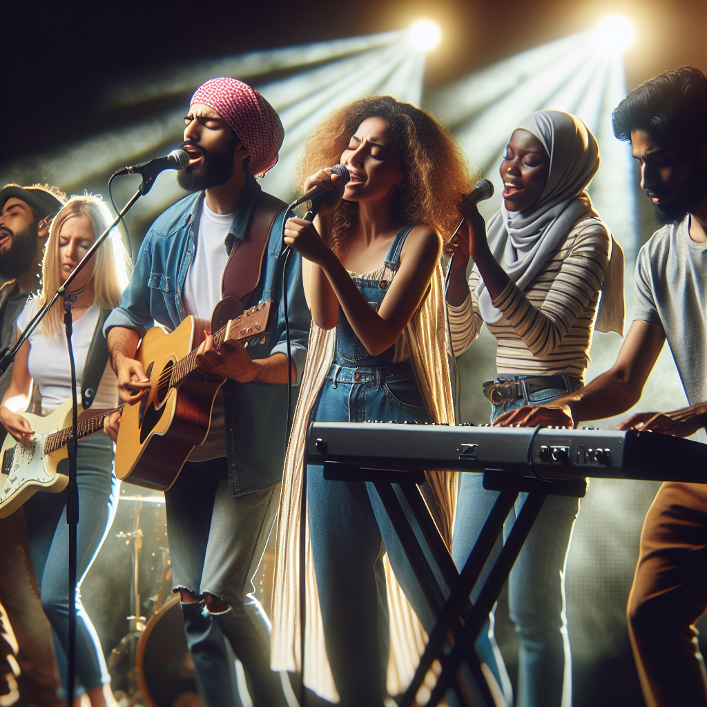 Vocalist, guitarist, keyboardist and drummer perform the song