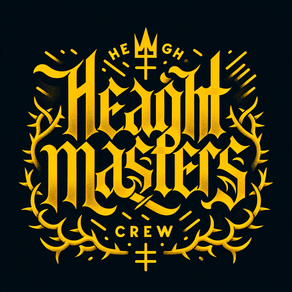 создай лого - Height Masters Crew , буквы должны быть жёлтыми на чёрном фоне в стиле готической каллиграфии, вокруг должны быть колючки все буквы должны быть соблюдены в правильном порядке и они должны быть интуитивно понятны создай лого - Height Masters Crew , буквы должны быть жёлтыми на чёрном фоне в стиле готической каллиграфии, вокруг должны быть колючки все буквы должны быть соблюдены в правильном порядке и они должны быть интуитивно понятны