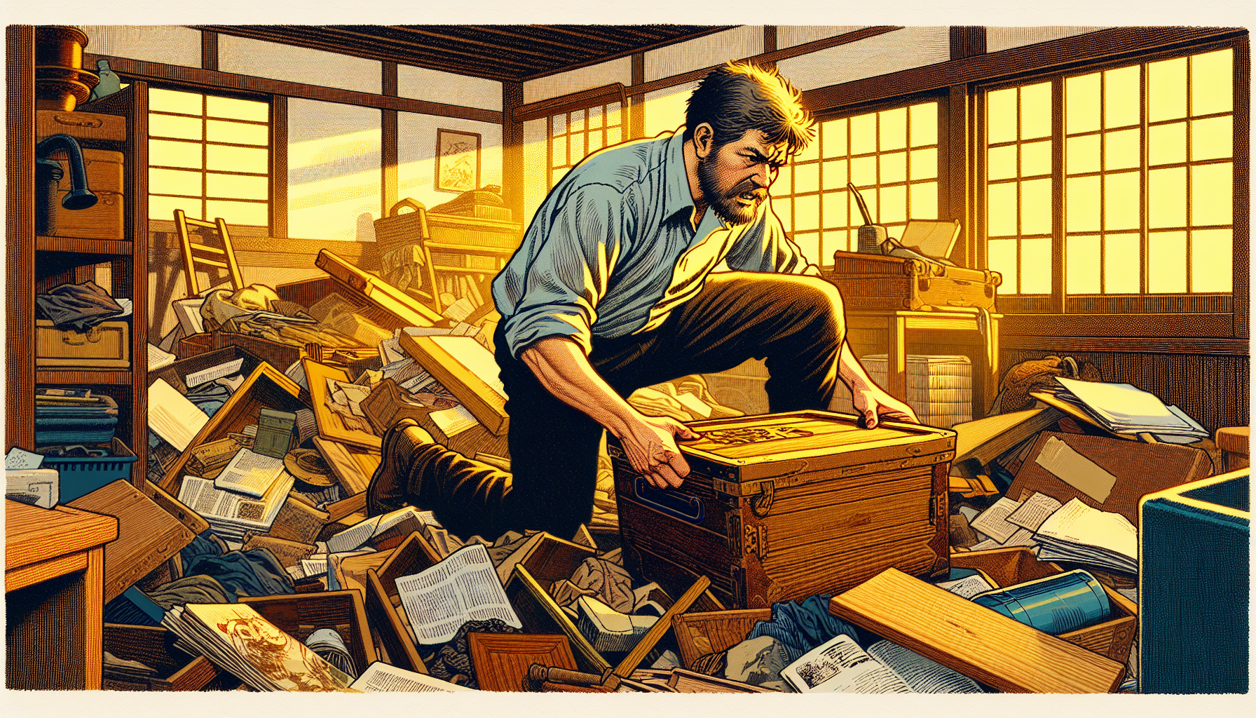 A European man takes out a lot of old and accumulated things from the room attached to the house.