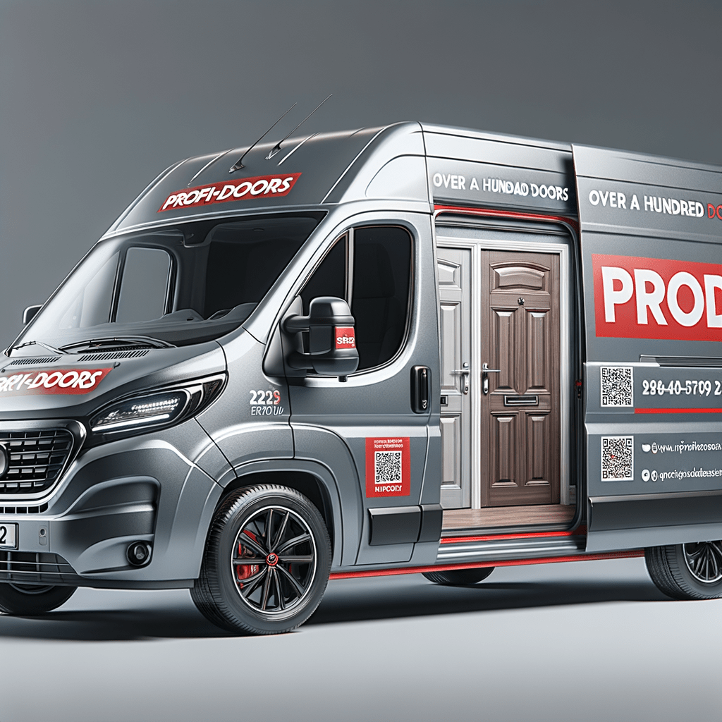 рендирование фургона серого цвета Газель Next для фирмы "Профи-Doors" в красно-белых тонах, Основные элементы дизайна: Основной фон — серый. Акценты — красные детали и логотип. Разместить крупный логотип "Профи-Doors" на задней двери. Логотип выполнен в красных и белых цветах, с четким шрифтом, легко читаемым на расстоянии. На боковых панелях разместить изображение 4 межкомнатных дверей и надпись более ста дверей , на задней двери разместить номер телефона, сайт и социальные сети. "Профи-Doors" — Продажа и монтаж дверей Сайт: http://www.profi-doors.ru Дополнительные элементы: добавить QR-код, ведущий на сайт или каталог продукции. рендирование фургона серого цвета Газель Next для фирмы "Профи-Doors" в красно-белых тонах, Основные элементы дизайна: Основной фон — серый. Акценты — красные детали и логотип. Разместить крупный логотип "Профи-Doors" на задней двери. Логотип выполнен в красных и белых цветах, с четким шрифтом, легко читаемым на расстоянии. На боковых панелях разместить изображение 4 межкомнатных дверей и надпись более ста дверей , на задней двери разместить номер телефона, сайт и социальные сети. "Профи-Doors" — Продажа и монтаж дверей Сайт: http://www.profi-doors.ru Дополнительные элементы: добавить QR-код, ведущий на сайт или каталог продукции.