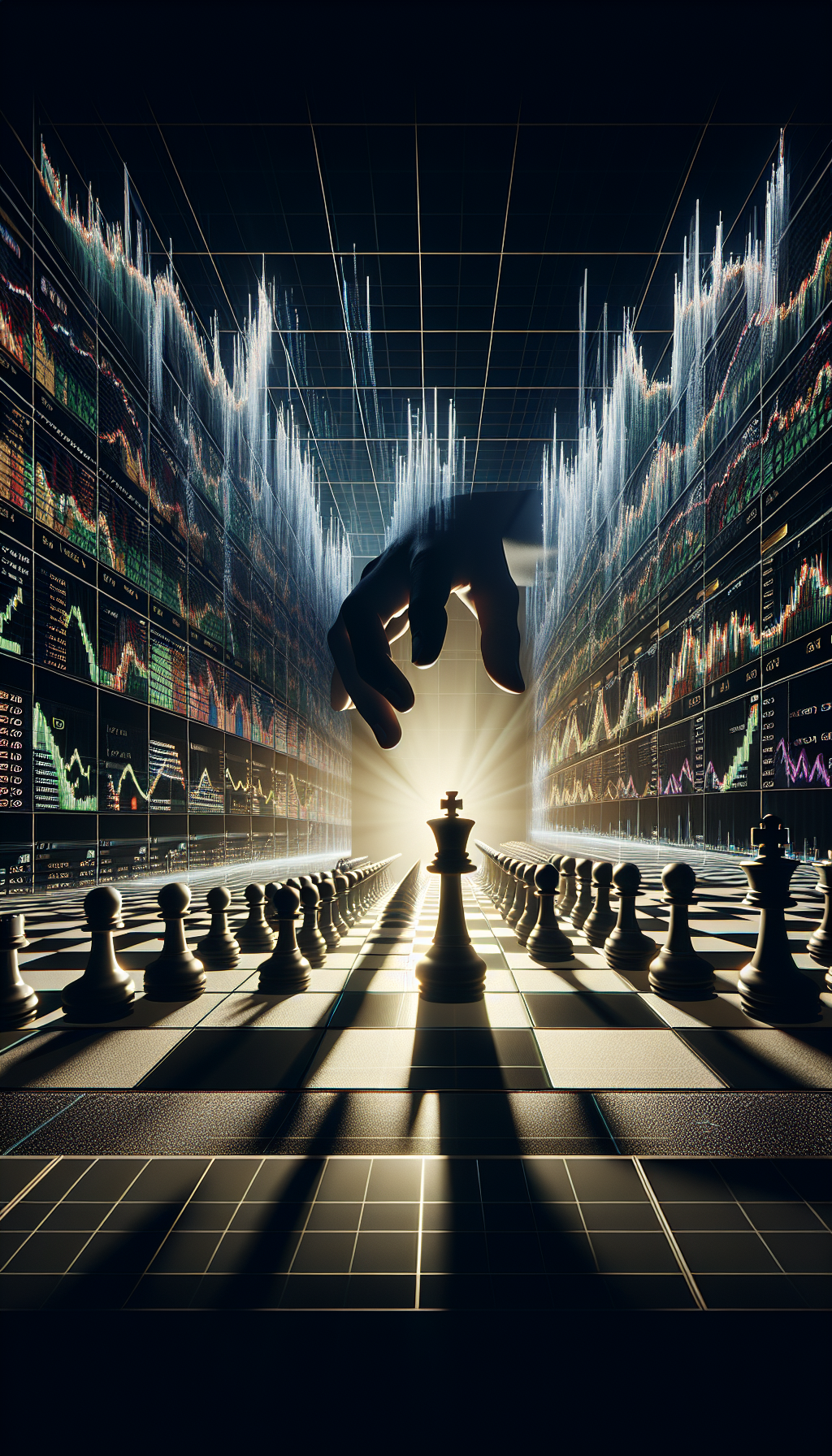 A wide shot of a giant chessboard where the squares are a live trading chart. A shadowy hand is moving a chess queen horizontally across the board towards a glowing liquidity square. Dramatic lighting, horizontal composition, --ar 16:9 A wide shot of a giant chessboard where the squares are a live trading chart. A shadowy hand is moving a chess queen horizontally across the board towards a glowing liquidity square. Dramatic lighting, horizontal composition, --ar 16:9
