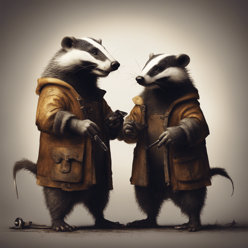 Two badgers stand facing each other. There is a huge bolt between them. in their hands they have tools and wrenches