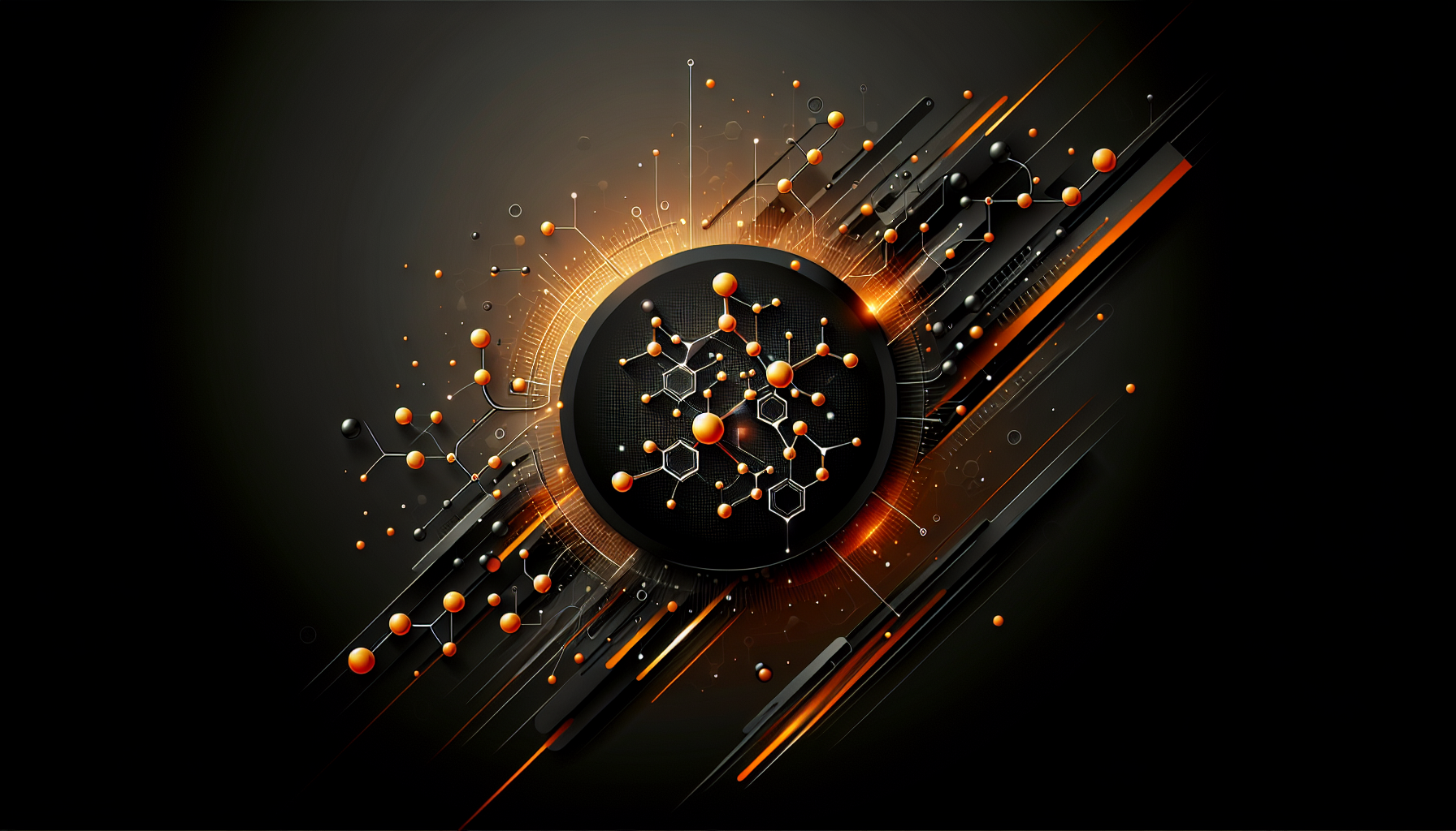 The background for the bads is black with orange inserts on the sides, and the center features a pattern of orange glowing molecular structures that gives the visual element a scientific and dynamic feel. The overall design is sleek and modern, emphasizing the clarity of the color scheme.