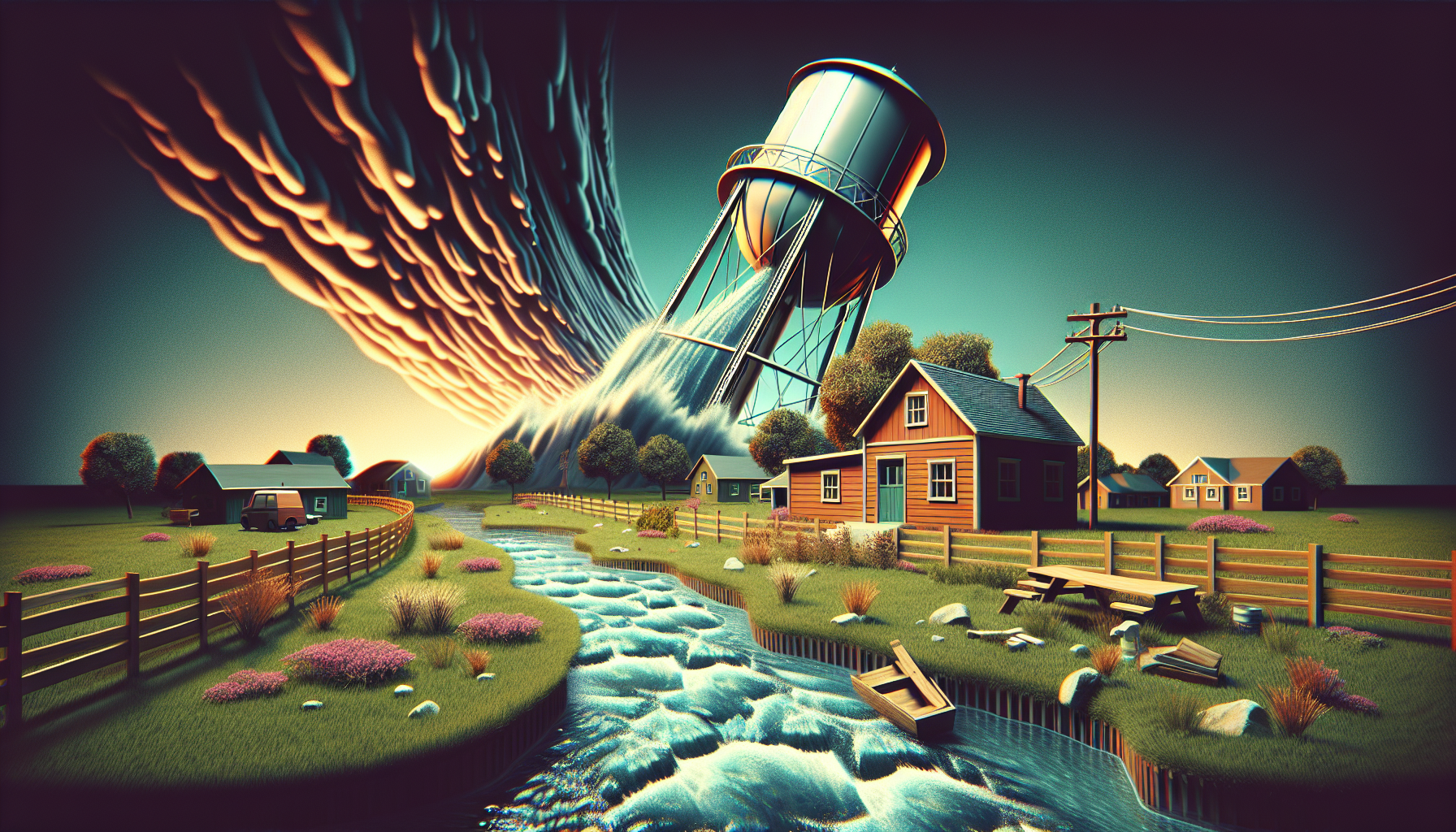 The water tower begins to fall. In the background is a house, a river