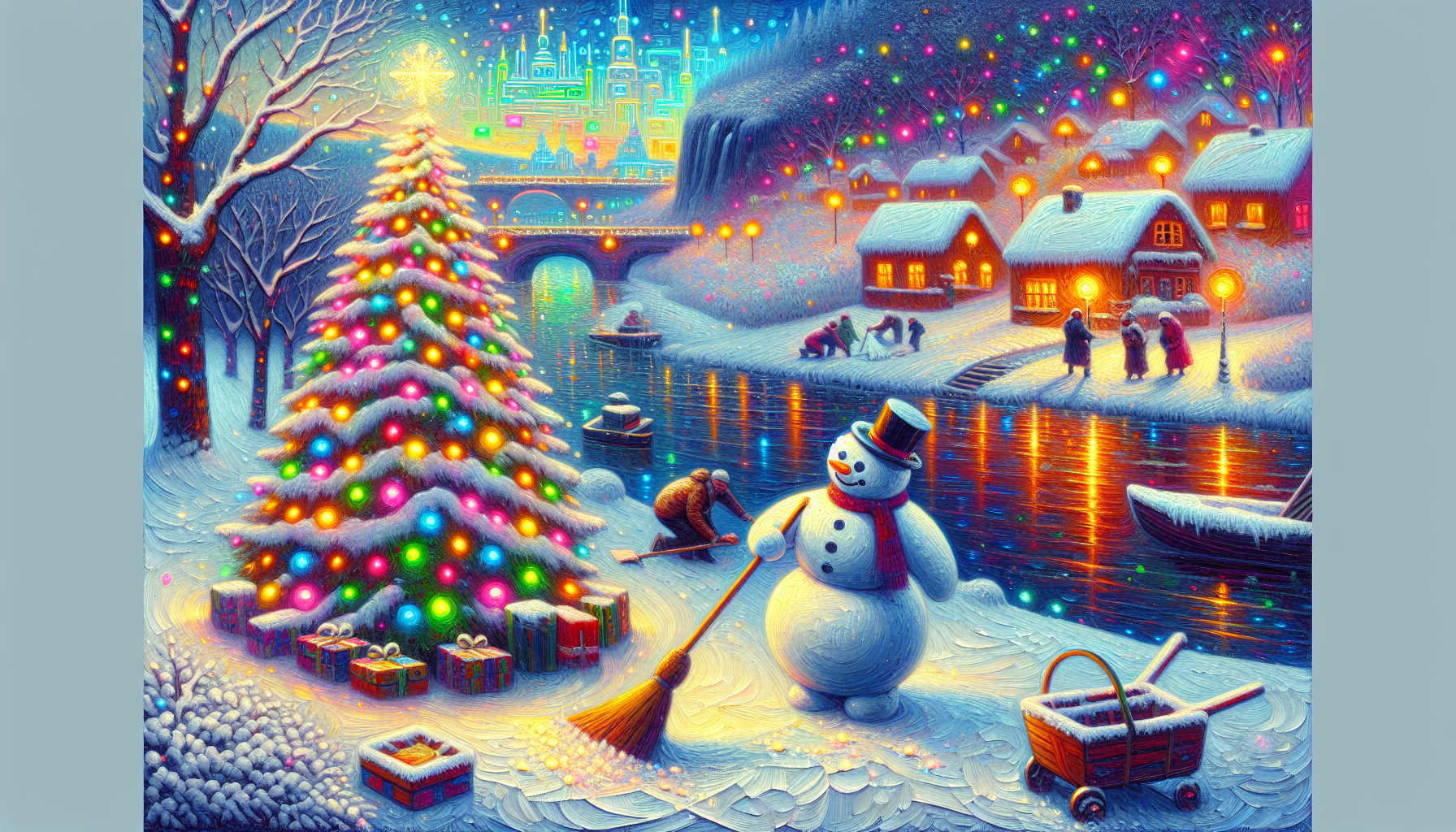 New Year's Day, the snowman cleans the snow, the Christmas tree is lit with lights. In the background is a frozen river and a house under the snow.