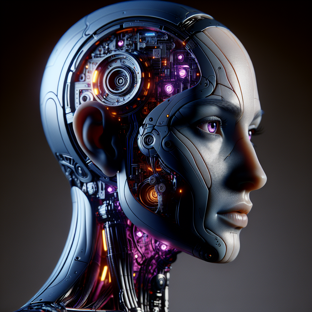 На изображении представлен гуманоидный персонаж с сочетанием человеческих и роботизированных черт. Вид сбоку: лицо и кожа выглядят как у реального человека — гладкая, светлая кожа, естественные черты лица, выразительные глаза, аккуратные губы. Однако левая часть головы и шеи (с точки зрения зрителя) полностью роботизирована: видны сложные механизмы, металлические детали, провода и электронные компоненты.
Роботизированная часть выполнена в футуристическом стиле:
присутствуют светящиеся элементы неоново-фиолетового и оранжевого оттенков, подчёркивающие внутреннюю структуру;
видны сложные схемы и платы, напоминающие «внутренности» высокотехнологичного устройства;
ухо частично интегрировано в механическую конструкцию, но сохраняет анатомическую форму;
шея состоит из переплетения светящихся проводов и металлических сегментов, плавно переходящих в плечи.
Фон тёмный, нейтральный, что акцентирует внимание на персонаже. В нижней части изображения крупными белыми буквами написано: «PRTOPPMMT». В верхних углах расположены логотипы и надписи: «Prmoort Hieranoc» (слева) и «AI» (справа).
Общее впечатление — это концепт-арт, иллюстрирующий идею симбиоза человека и искусственного интеллекта, кибернетического будущего или андроида с человеческими чертами. Стиль изображения — хай-тек, киберпанк, с акцентом на детализацию и контраст между органическим и механическим.