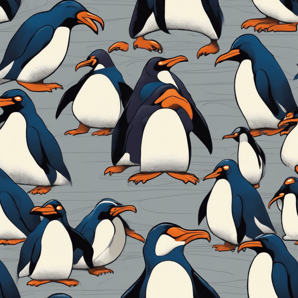 giant anthropomorphic bird Lofaminus with abundant plumage surrounded by penguins